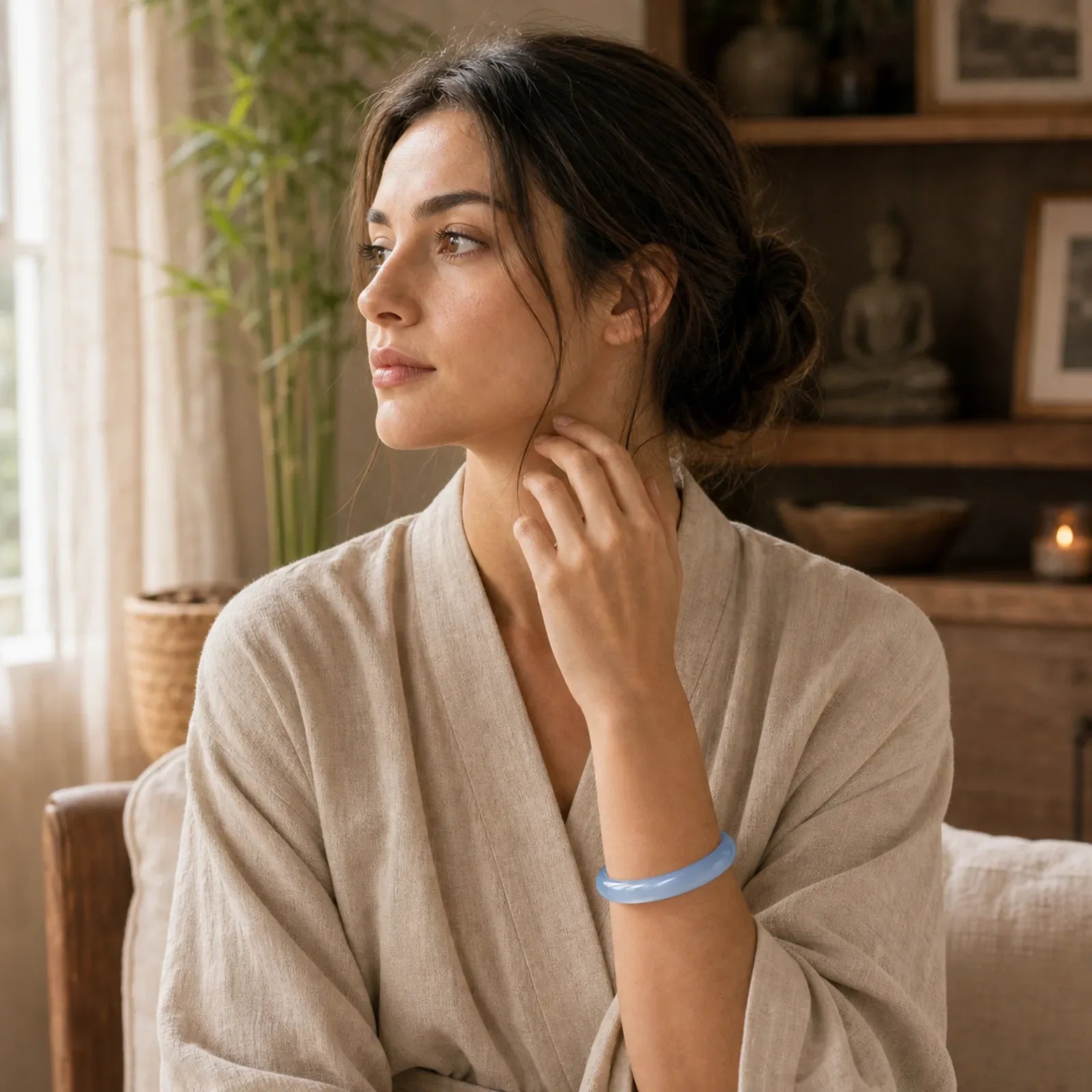 Blue Chalcedony Emotional Balance Bracelet Bangle featuring Blue Chalcedony, Chalcedony, Jade