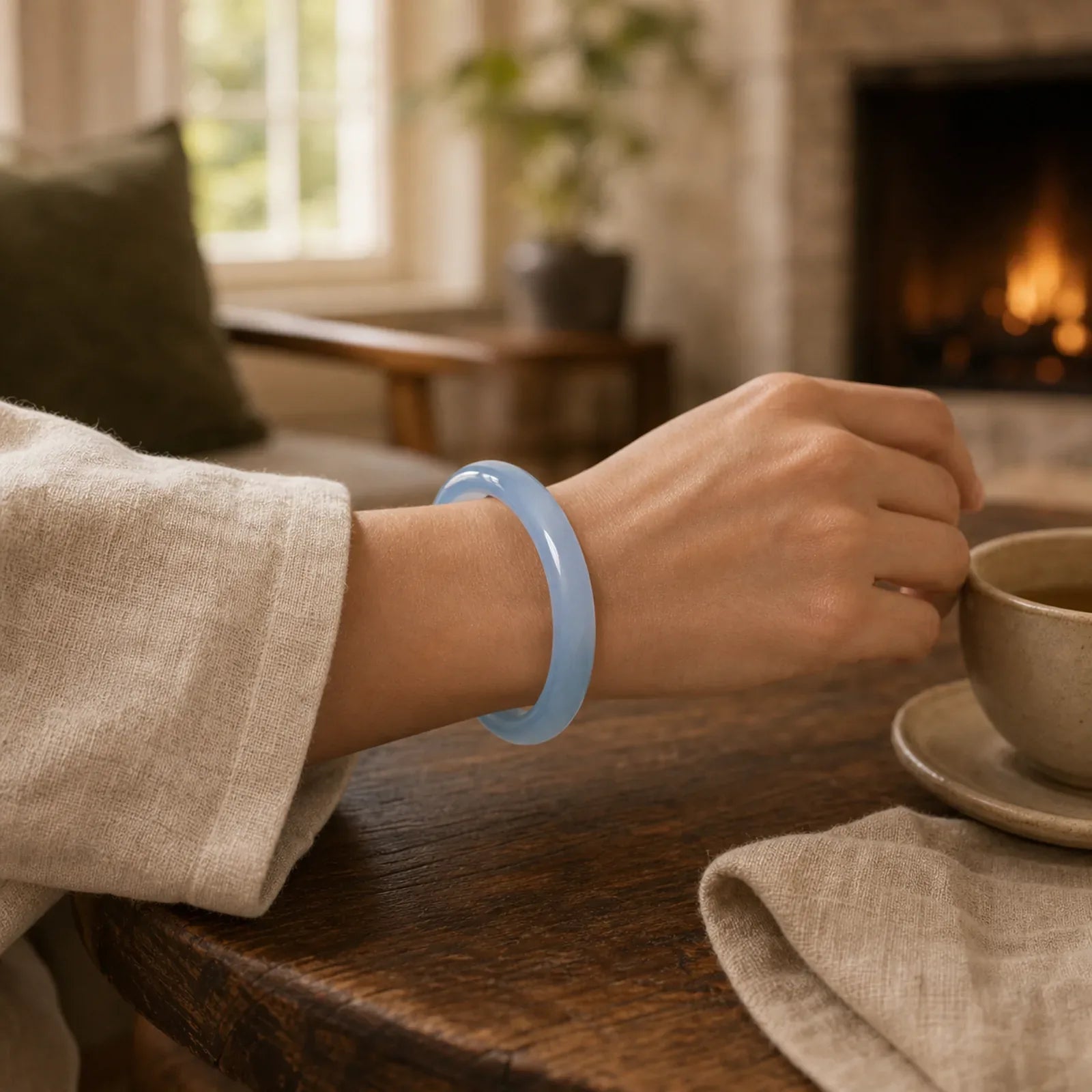 Blue Chalcedony Emotional Balance Bracelet Bangle featuring Blue Chalcedony, Chalcedony, Jade