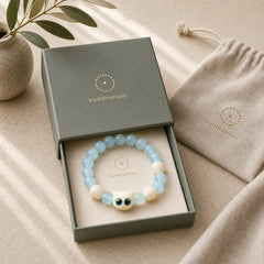 Blue Chalcedony Hand Carved Cat Purity Bead Bracelet featuring Blue Chalcedony, Chalcedony, Bodhi Seed