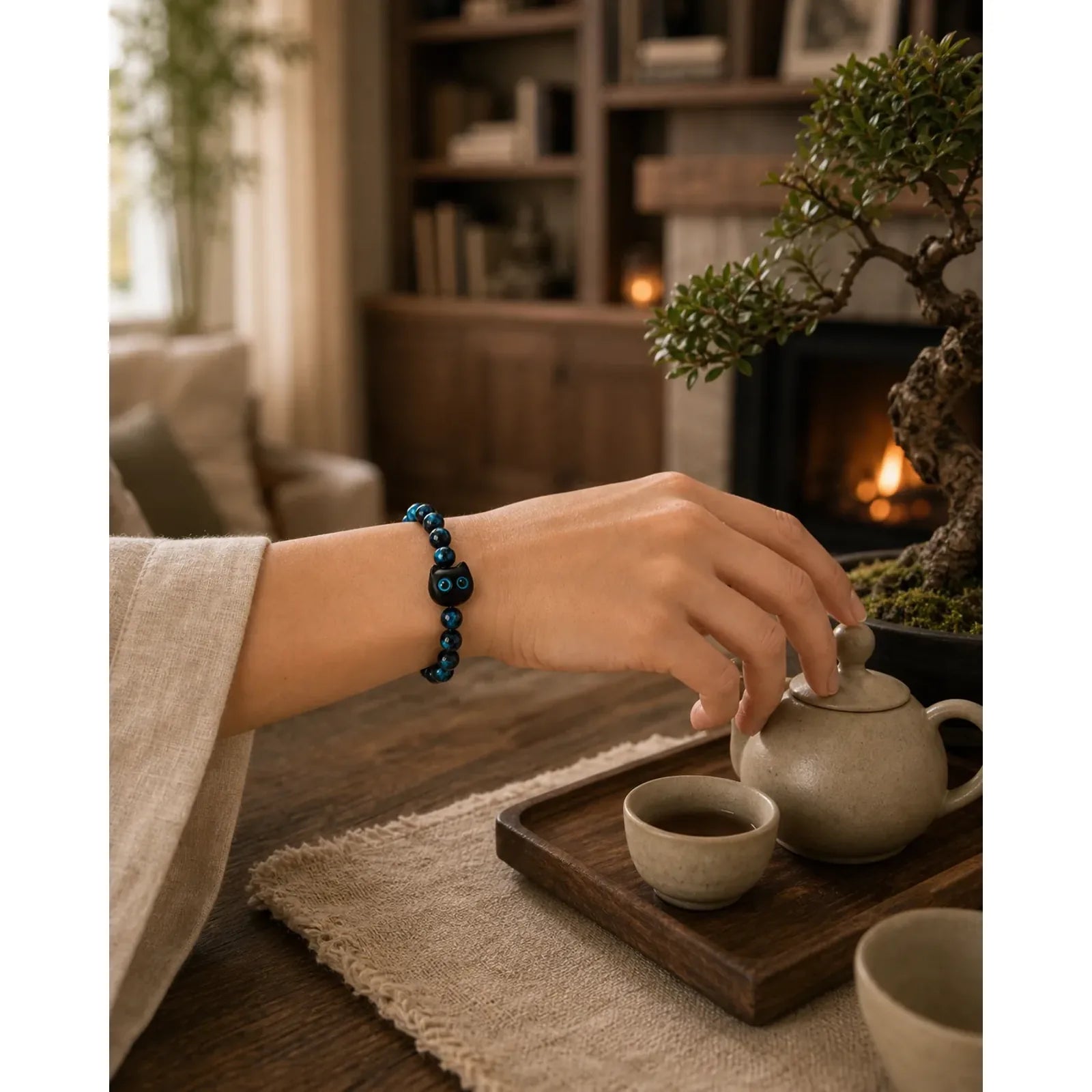 Blue Chalcedony Ivory Fruit Cat Power Bracelet featuring Blue Chalcedony, Chalcedony, Ivory Fruit