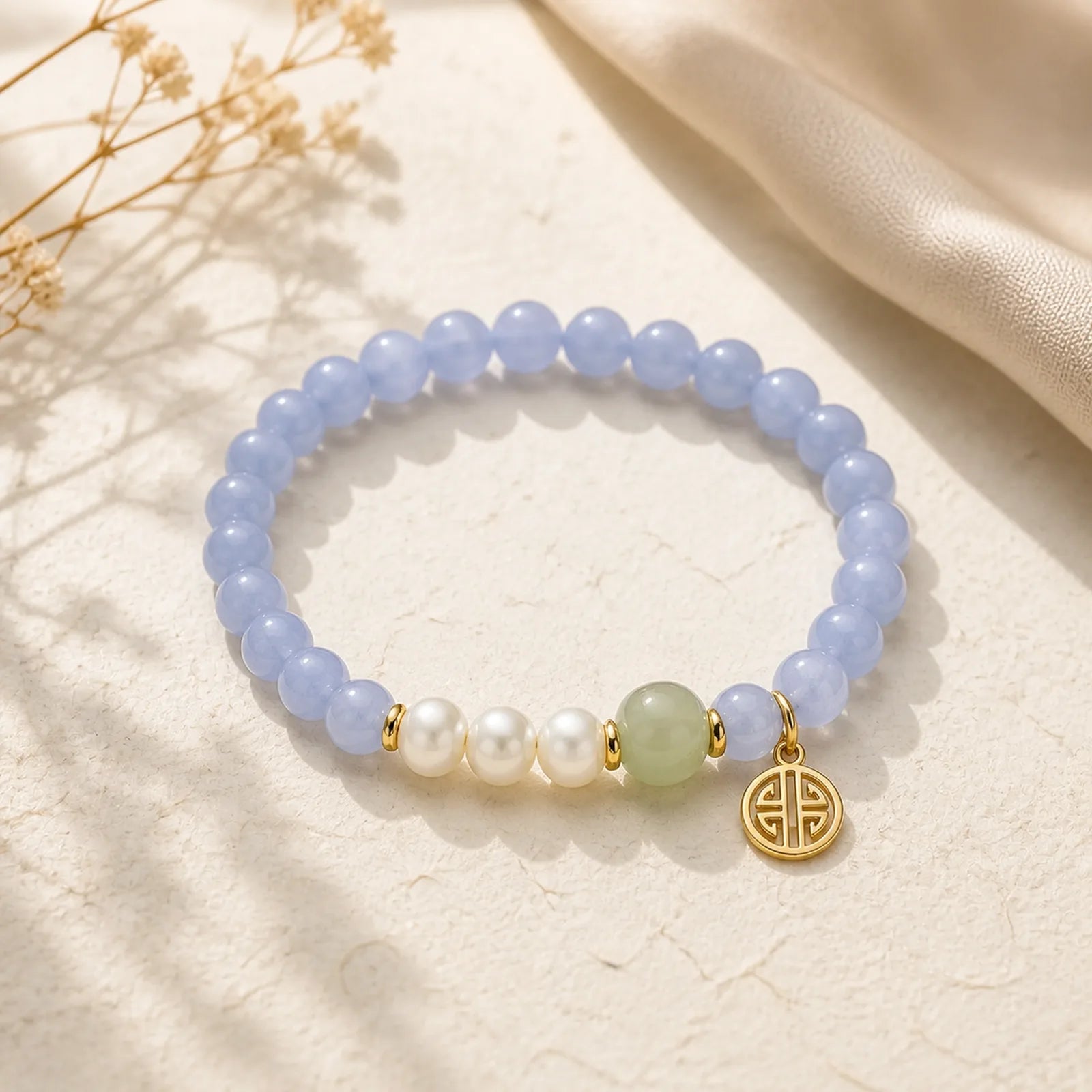 Blue Chalcedony Pearl Beads Energy Bracelet featuring Blue Chalcedony, Chalcedony, Pearl
