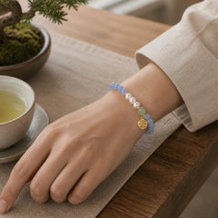 Blue Chalcedony Pearl Beads Energy Bracelet featuring Blue Chalcedony, Chalcedony, Pearl