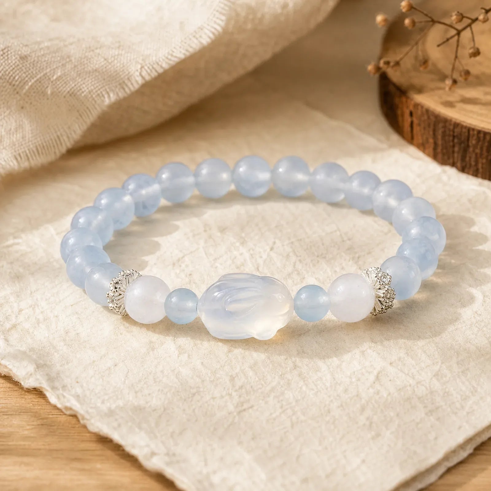 Blue Chalcedony White Agate Rabbit Emotional Balance Bracelet featuring Blue Chalcedony, Chalcedony, White Agate
