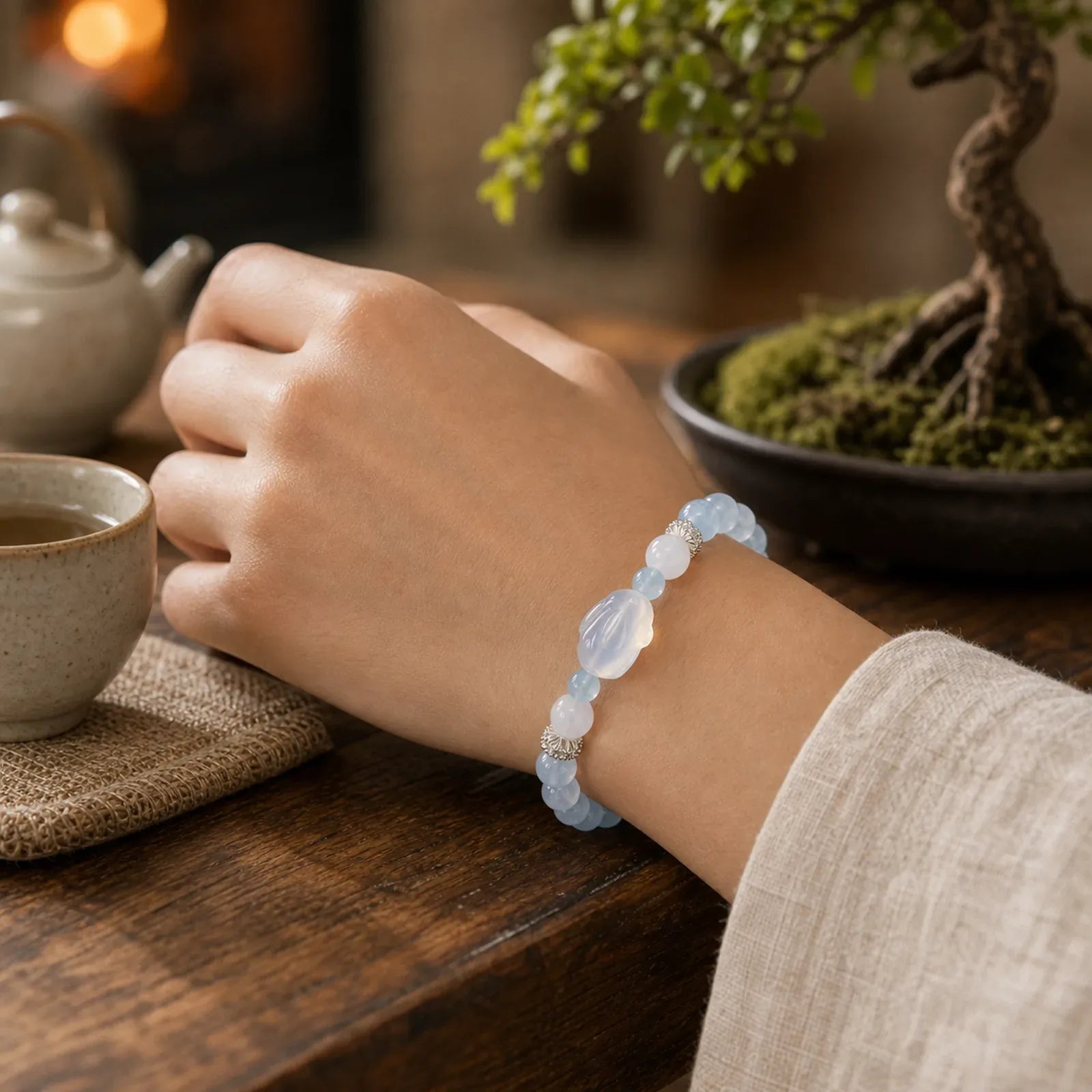 Blue Chalcedony White Agate Rabbit Emotional Balance Bracelet featuring Blue Chalcedony, Chalcedony, White Agate