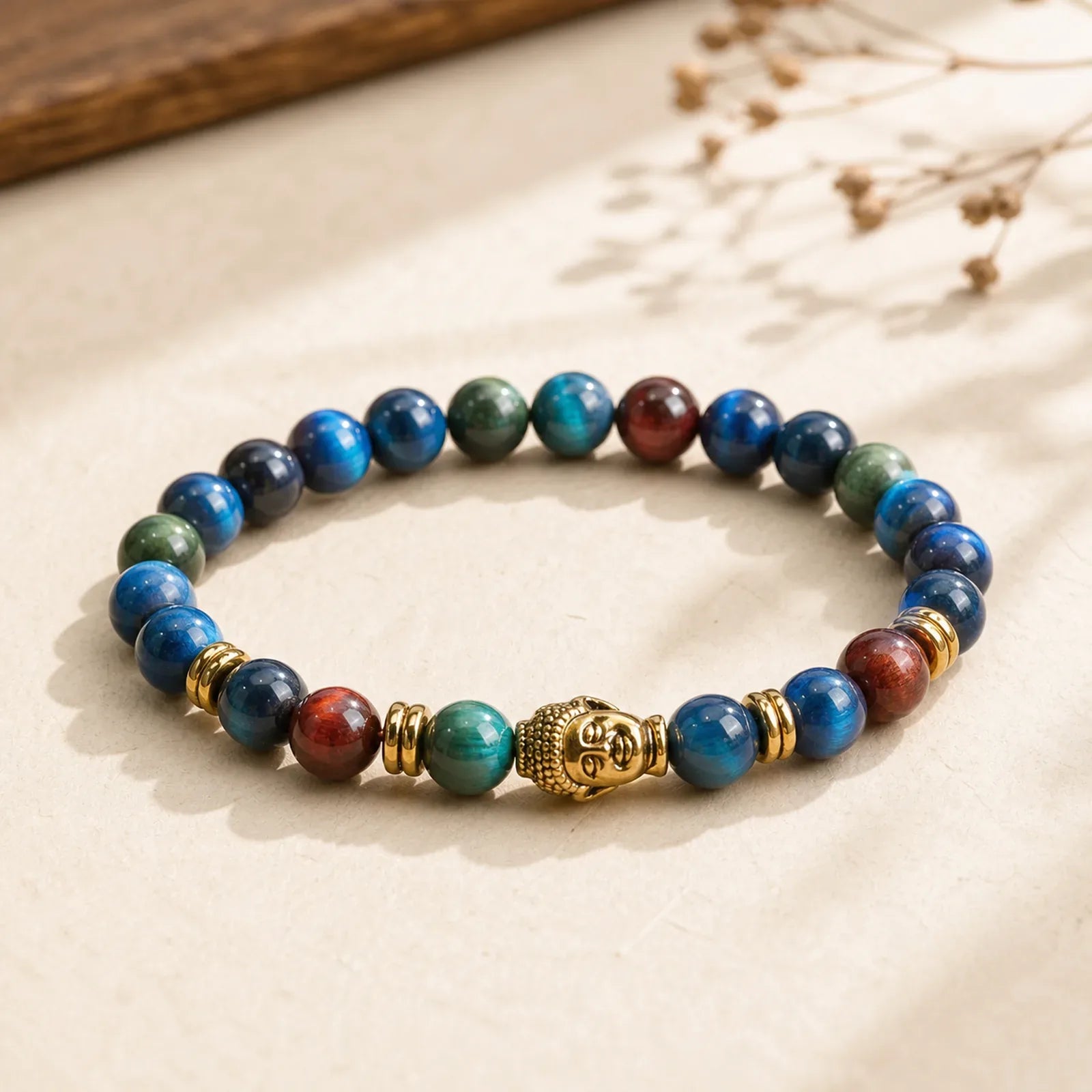 Blue Green Red Tiger Eye Buddha Head Balance Bracelet featuring Red Tiger Eye, Tiger Eye, Blue Tiger Eye