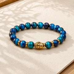 Blue Green Red Tiger Eye Buddha Head Balance Bracelet featuring Red Tiger Eye, Tiger Eye, Blue Tiger Eye