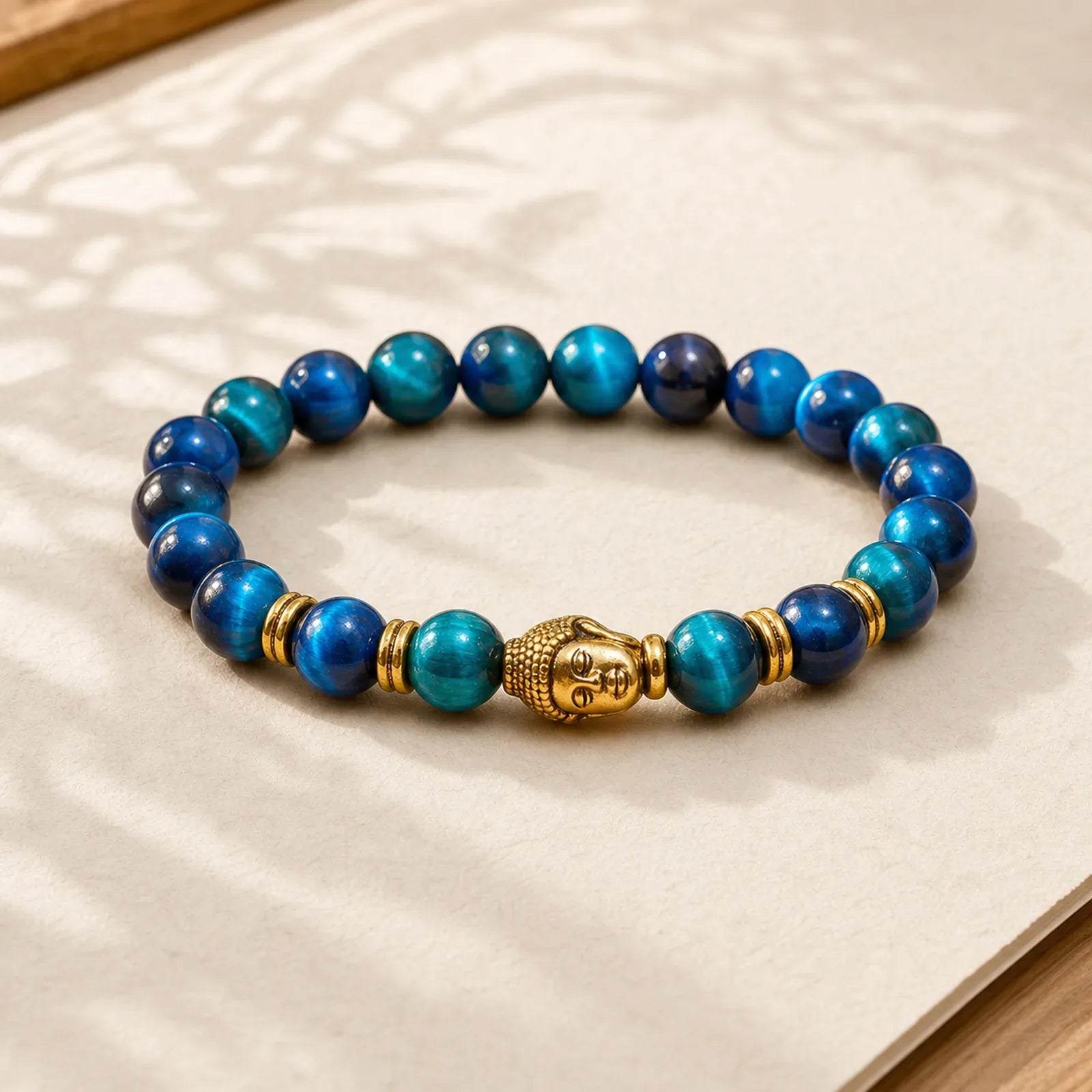 Blue Green Red Tiger Eye Buddha Head Balance Bracelet featuring Red Tiger Eye, Tiger Eye, Blue Tiger Eye