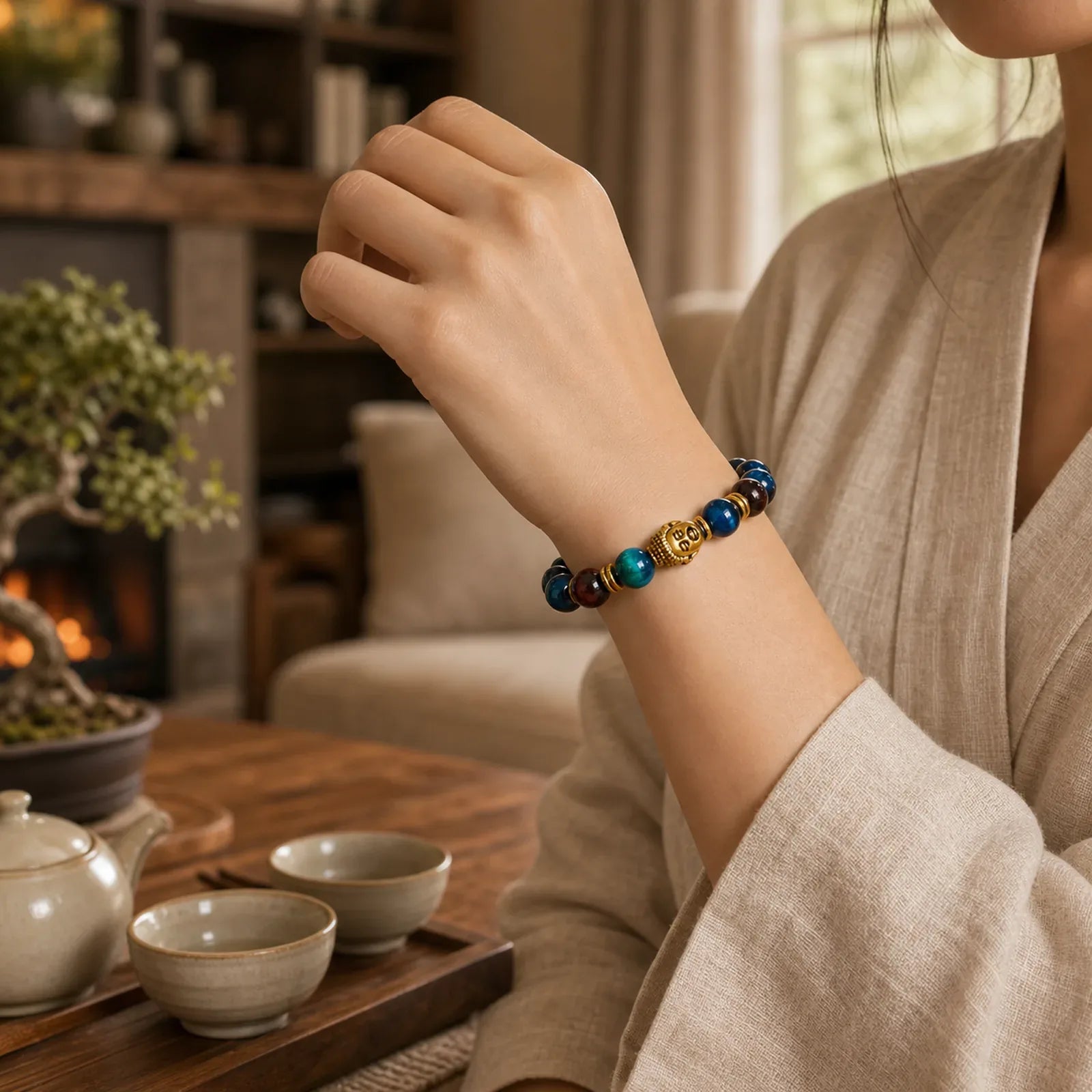 Blue Green Red Tiger Eye Buddha Head Balance Bracelet featuring Red Tiger Eye, Tiger Eye, Blue Tiger Eye