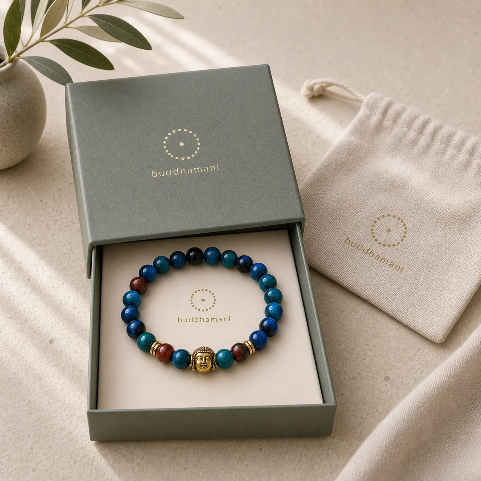 Blue Green Red Tiger Eye Buddha Head Balance Bracelet featuring Red Tiger Eye, Tiger Eye, Blue Tiger Eye