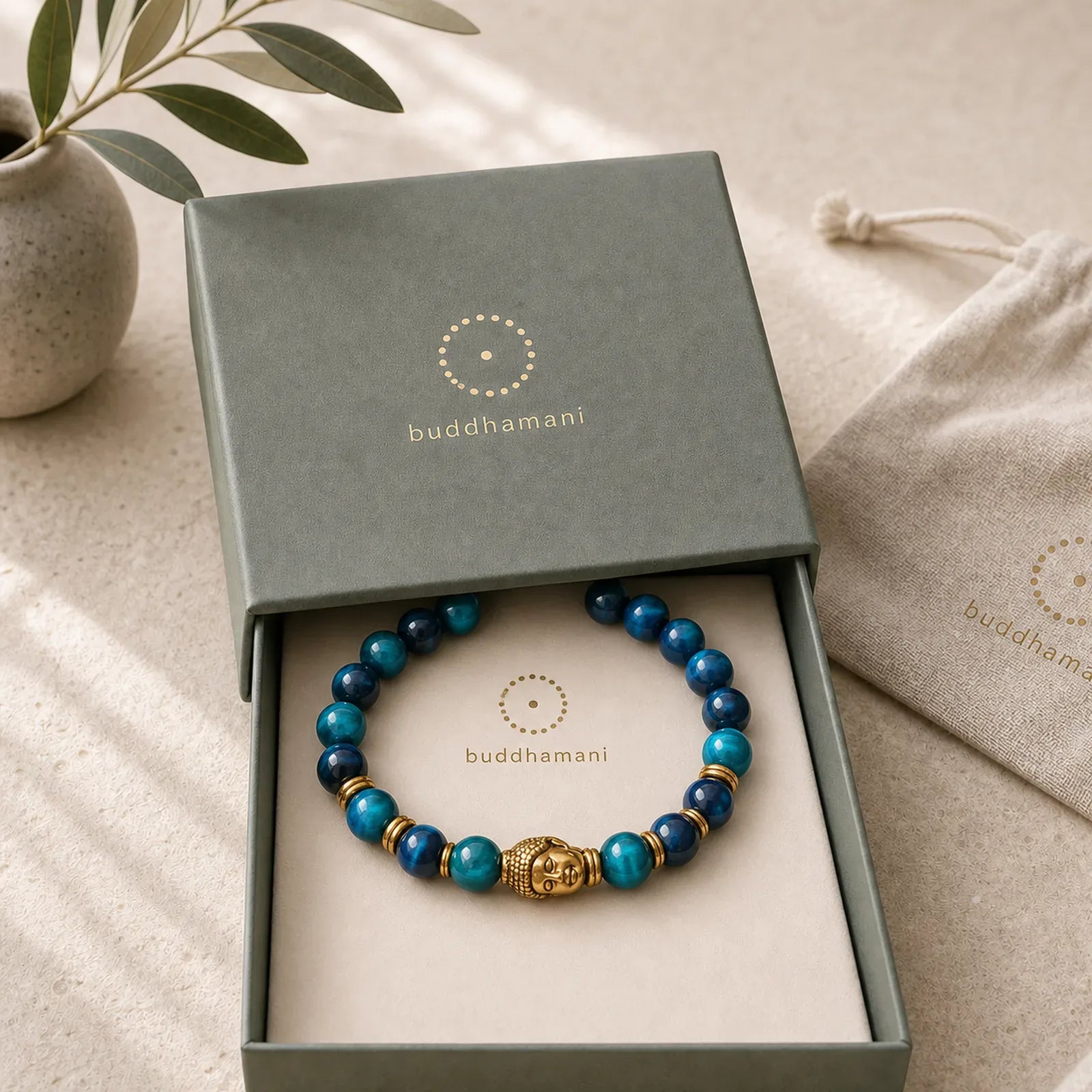 Blue Green Red Tiger Eye Buddha Head Balance Bracelet featuring Red Tiger Eye, Tiger Eye, Blue Tiger Eye