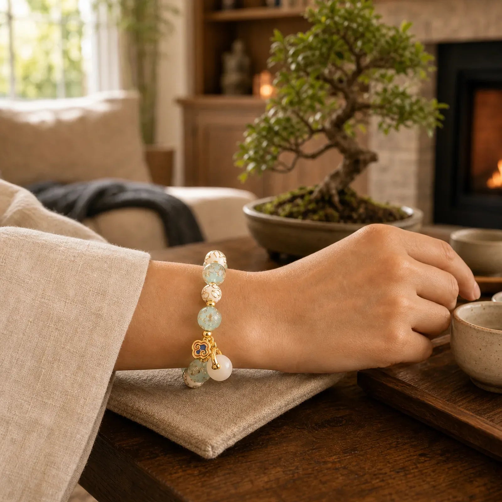 Blue Liuli Glass Blessings Bracelet featuring Five Elements