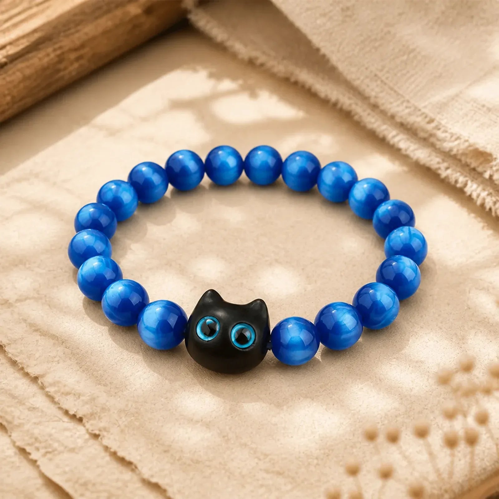 Blue Resin Beads Ebony Wood Cat Balance Bracelet featuring Ebony Wood, Ebony
