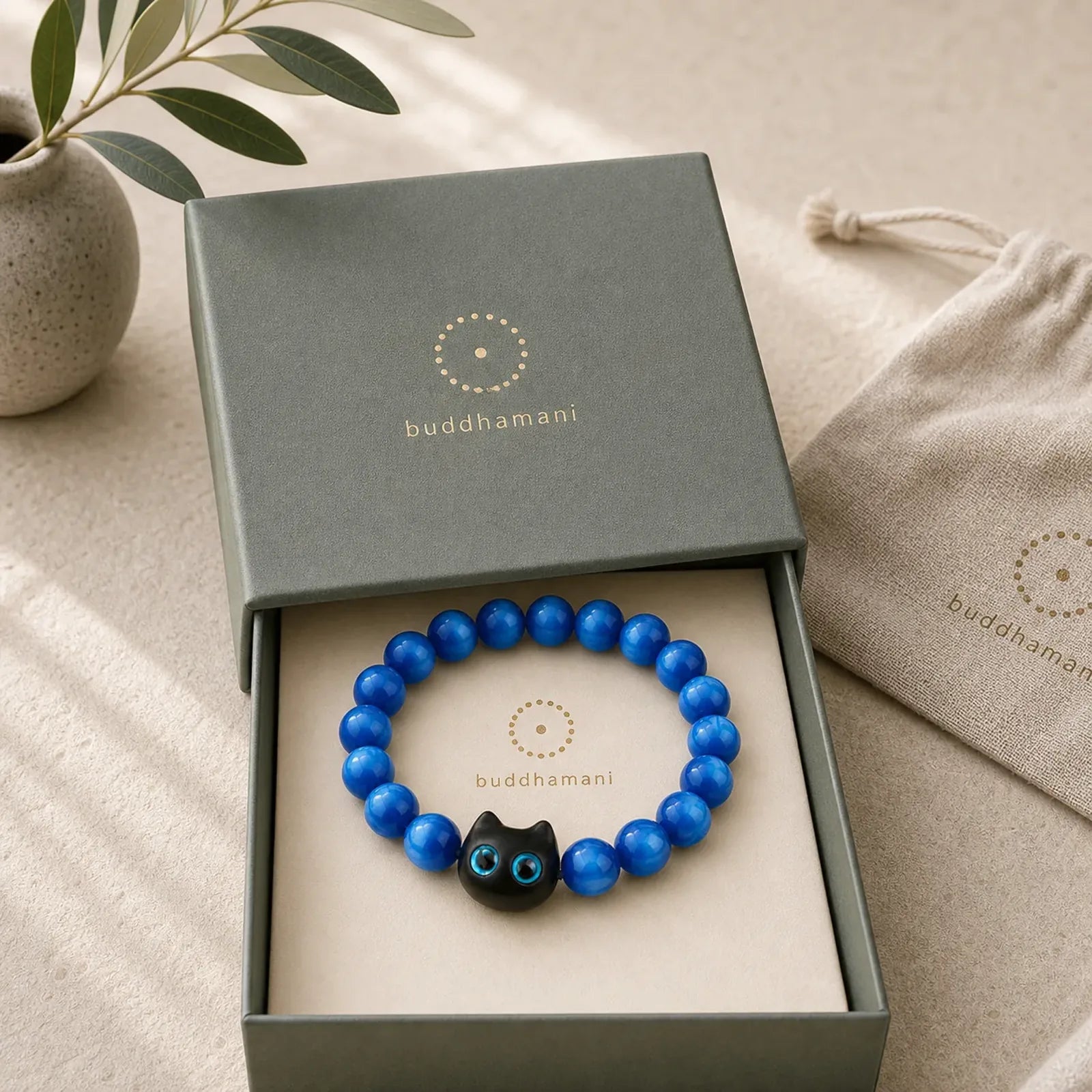 Blue Resin Beads Ebony Wood Cat Balance Bracelet featuring Ebony Wood, Ebony