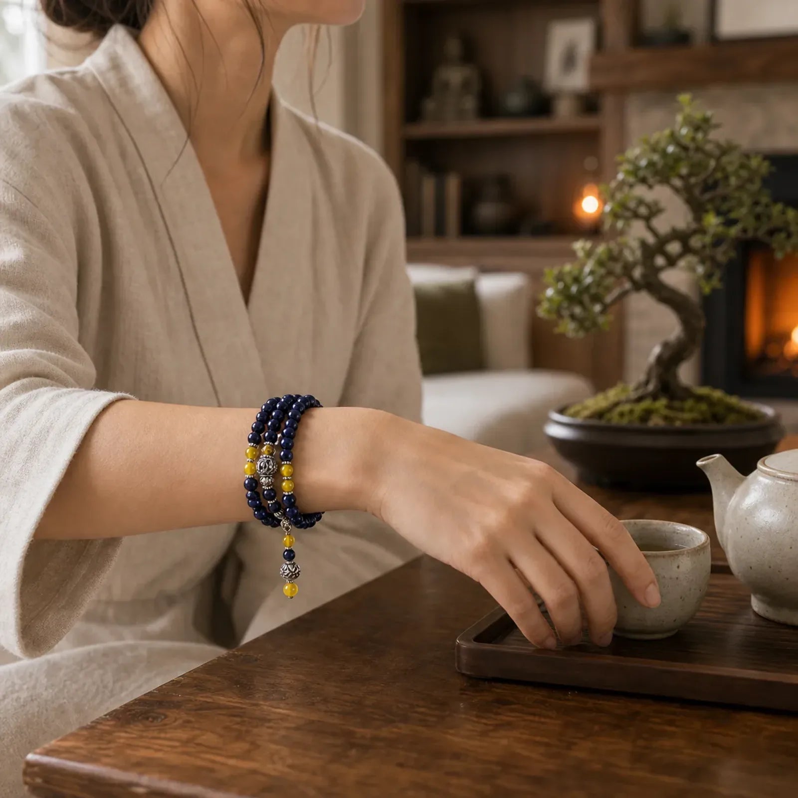 Blue Sandstone Wealth Charm Bracelet Mala featuring Blue Sandstone