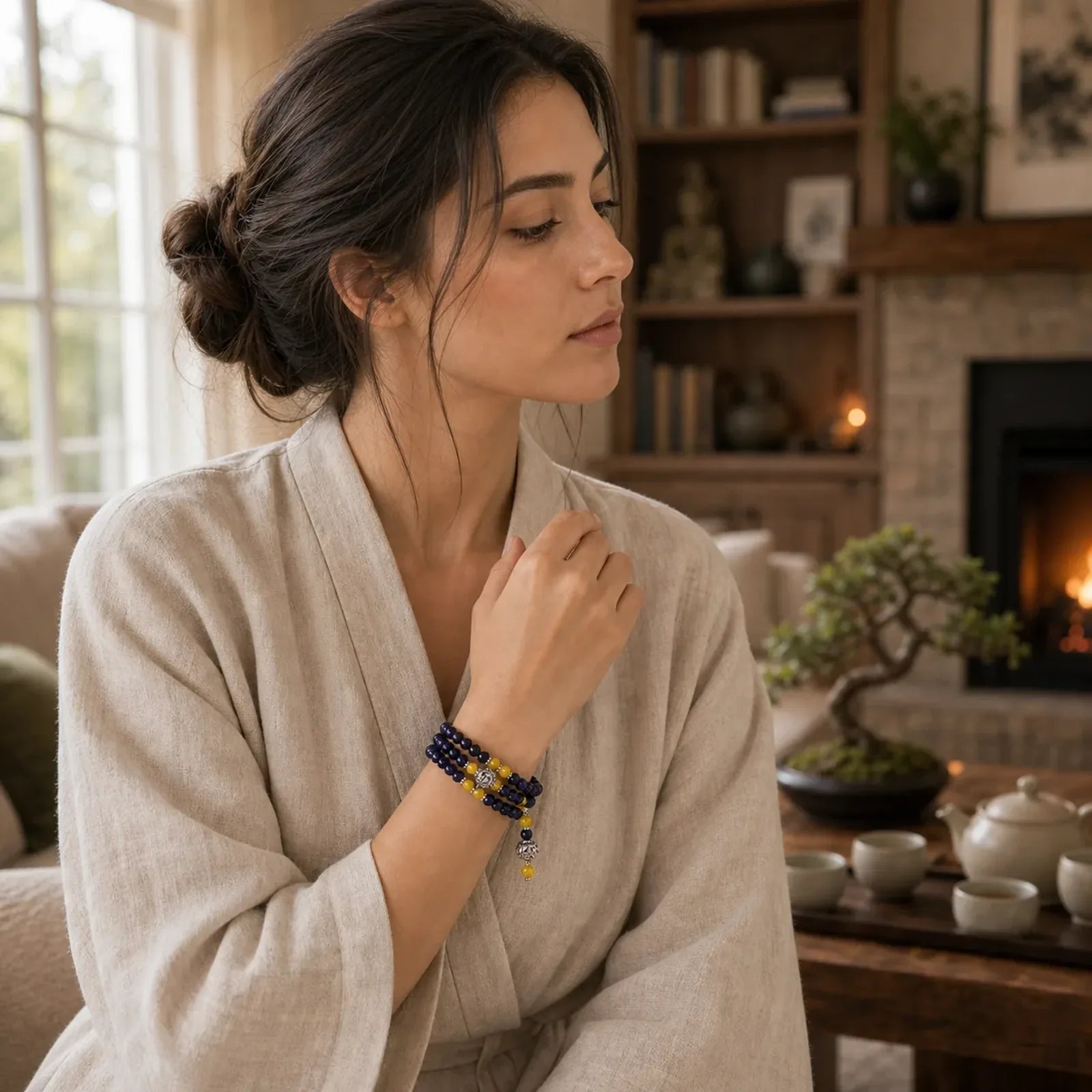 Blue Sandstone Wealth Charm Bracelet Mala featuring Blue Sandstone