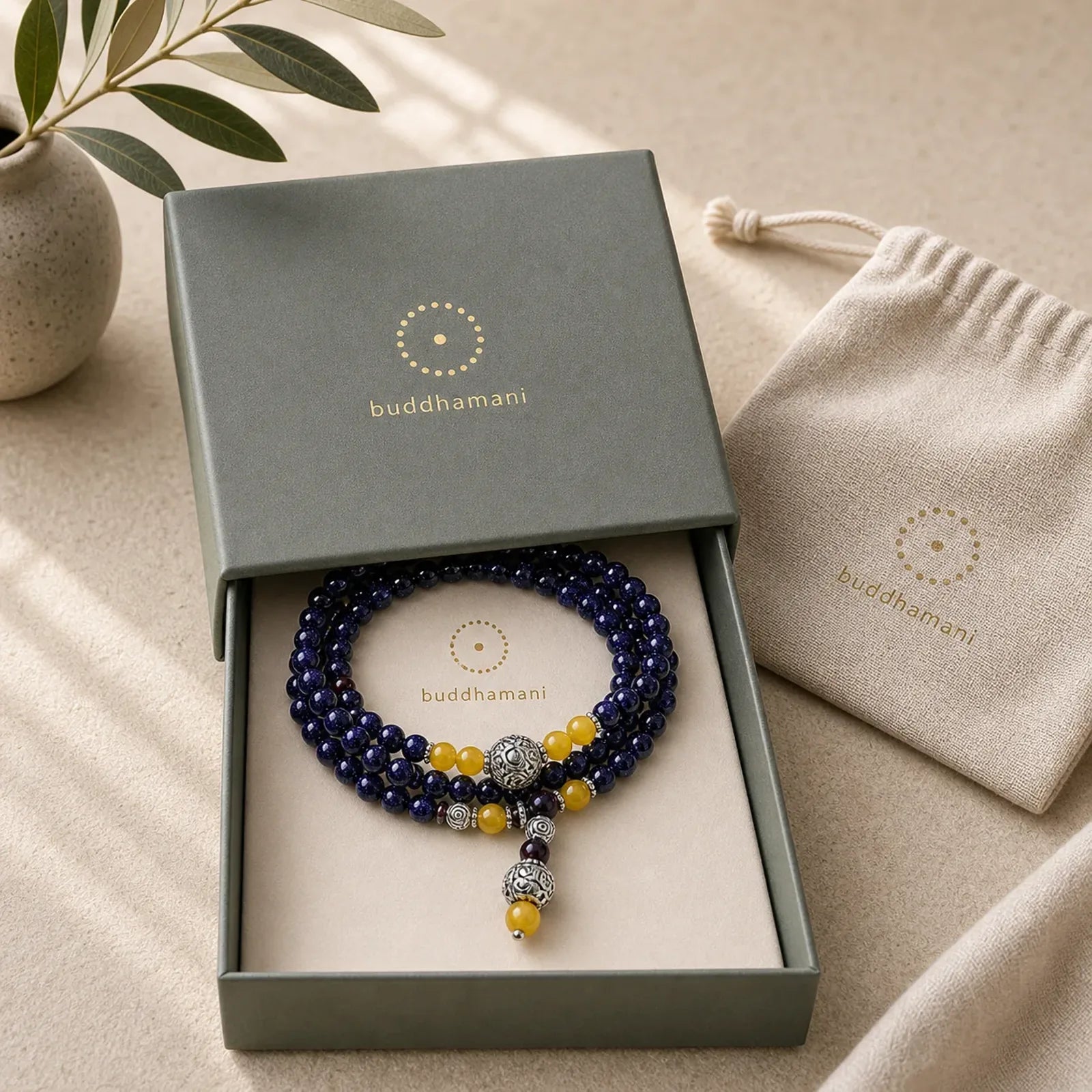 Blue Sandstone Wealth Charm Bracelet Mala featuring Blue Sandstone