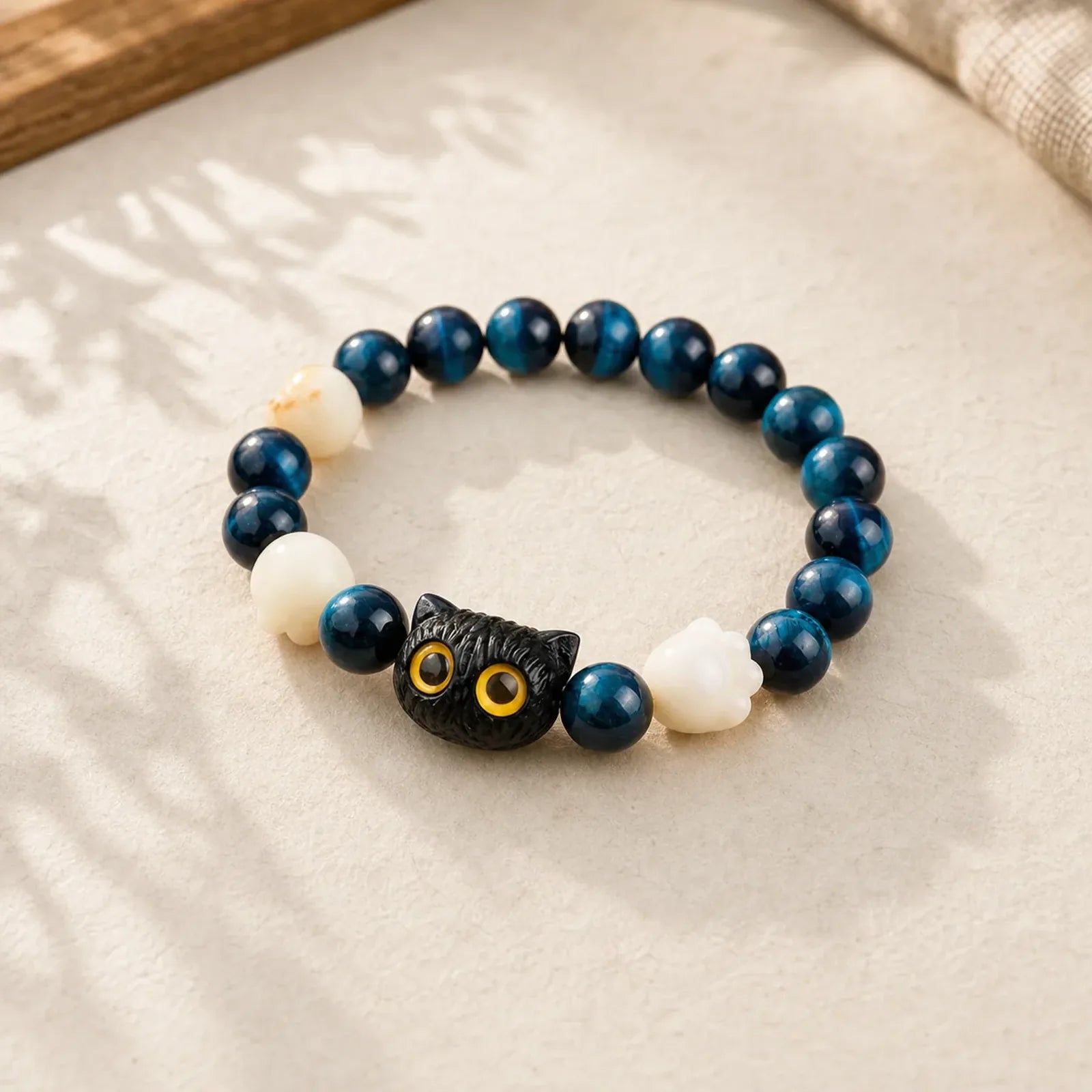 Blue Tiger Eye Cute Hand-Carved Cat Grounding Bead Bracelet featuring Blue Tiger Eye, Tiger Eye, Bodhi Seed