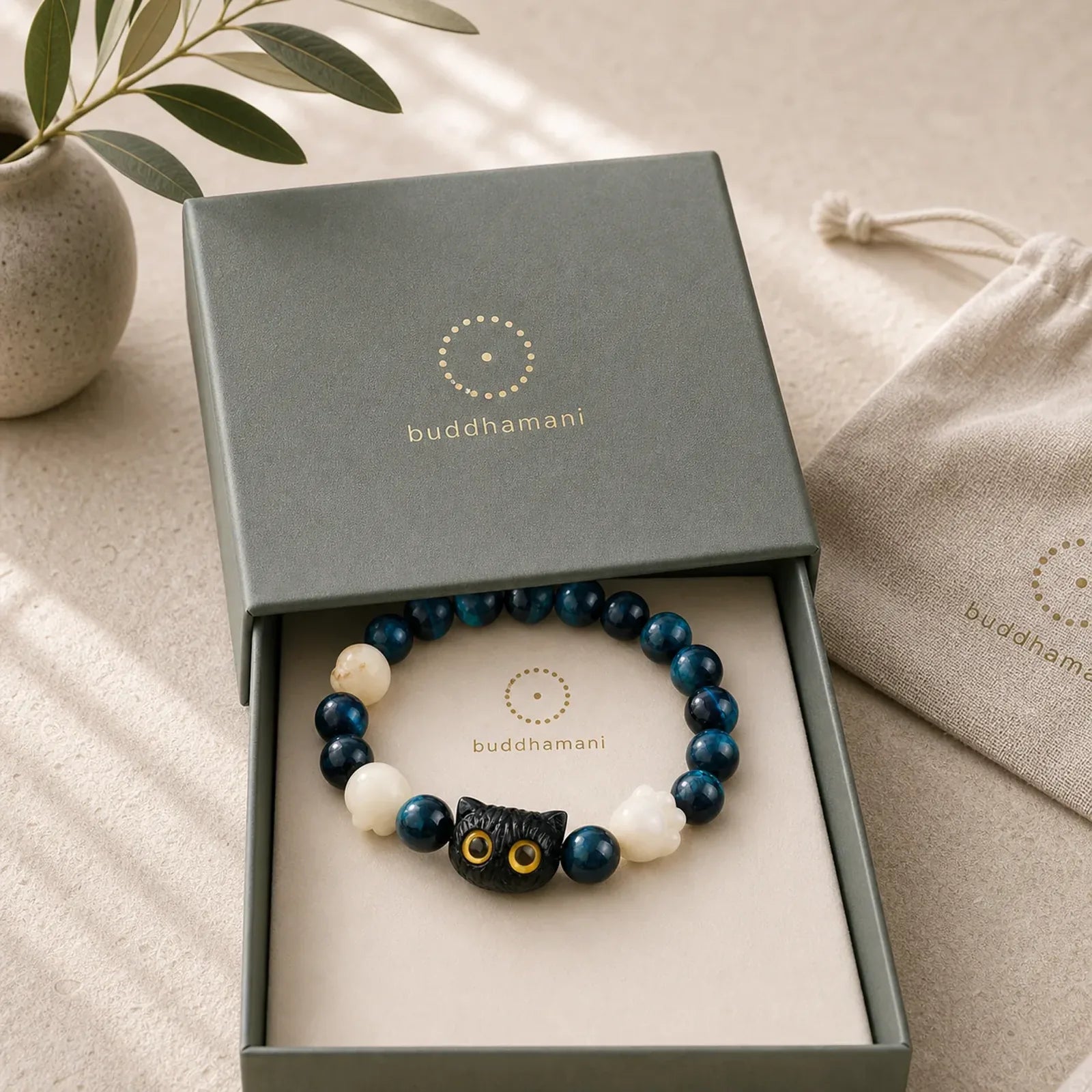 Blue Tiger Eye Cute Hand-Carved Cat Grounding Bead Bracelet featuring Blue Tiger Eye, Tiger Eye, Bodhi Seed