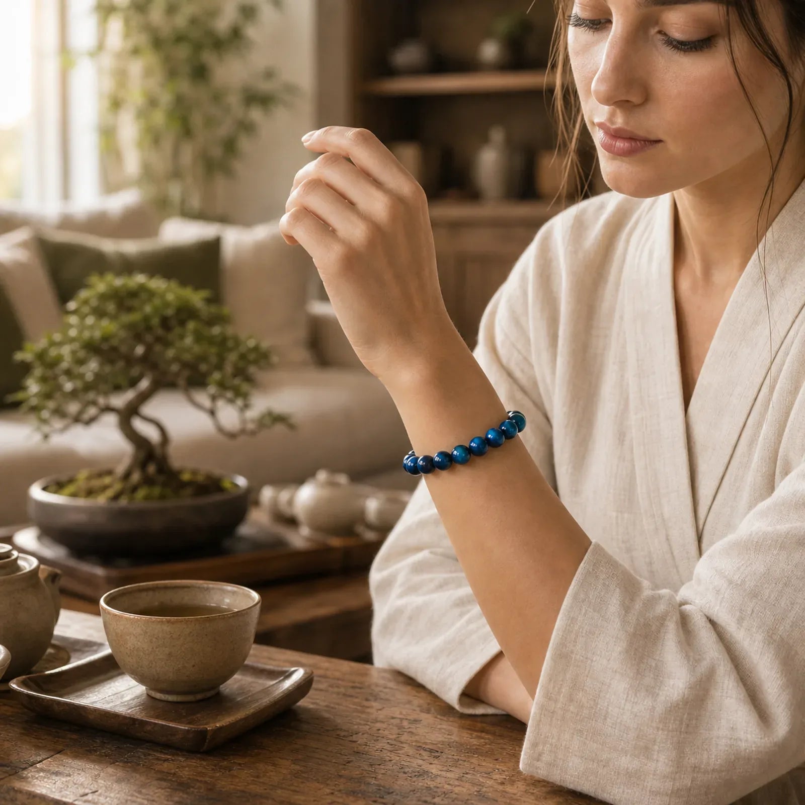 Blue Tiger Eye Protection Bracelet featuring Blue Tiger Eye, Tiger Eye