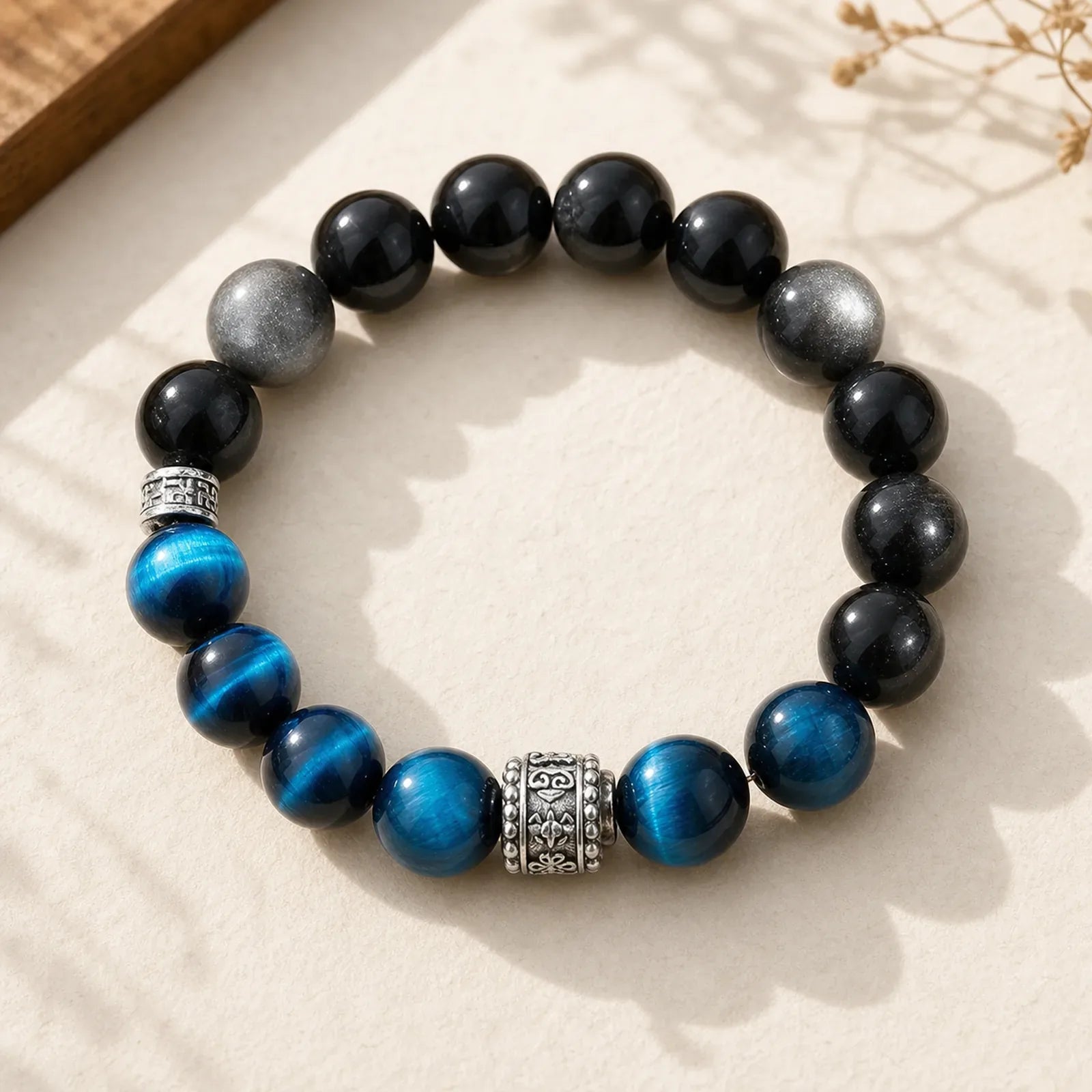 Blue Tiger Eye Silver Sheen Obsidian Strength Bracelet featuring Blue Tiger Eye, Tiger Eye, Silver