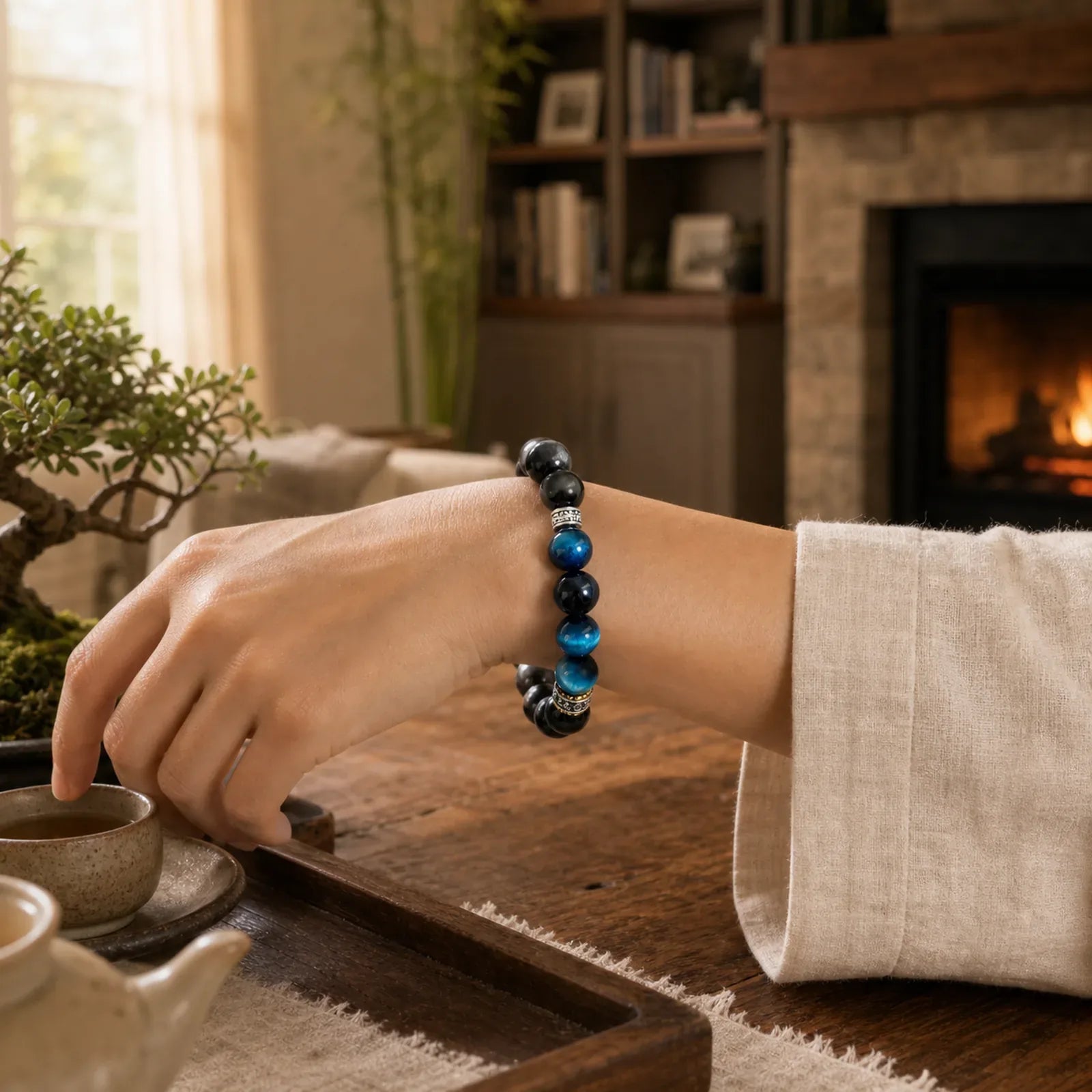 Blue Tiger Eye Silver Sheen Obsidian Strength Bracelet featuring Blue Tiger Eye, Tiger Eye, Silver