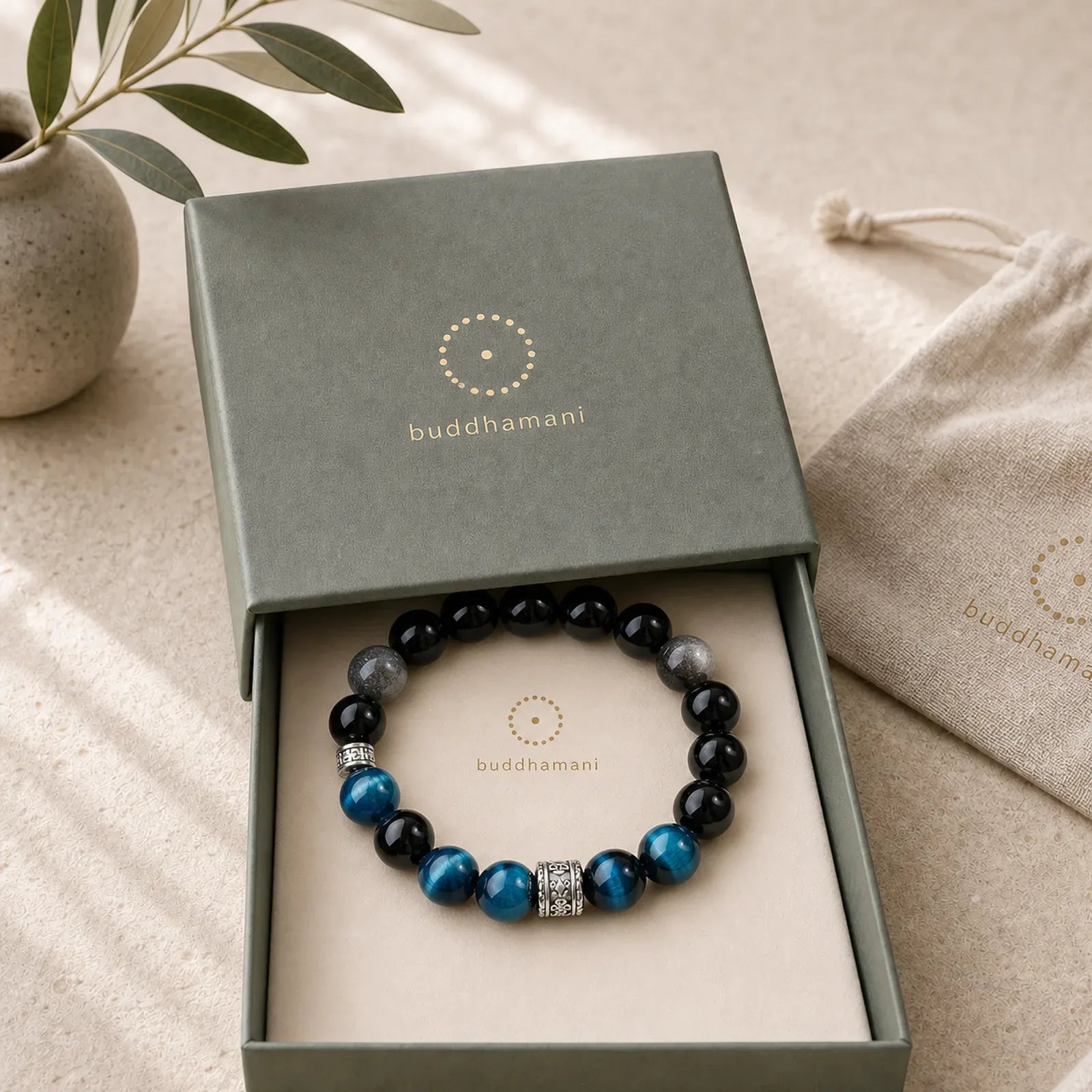 Blue Tiger Eye Silver Sheen Obsidian Strength Bracelet featuring Blue Tiger Eye, Tiger Eye, Silver