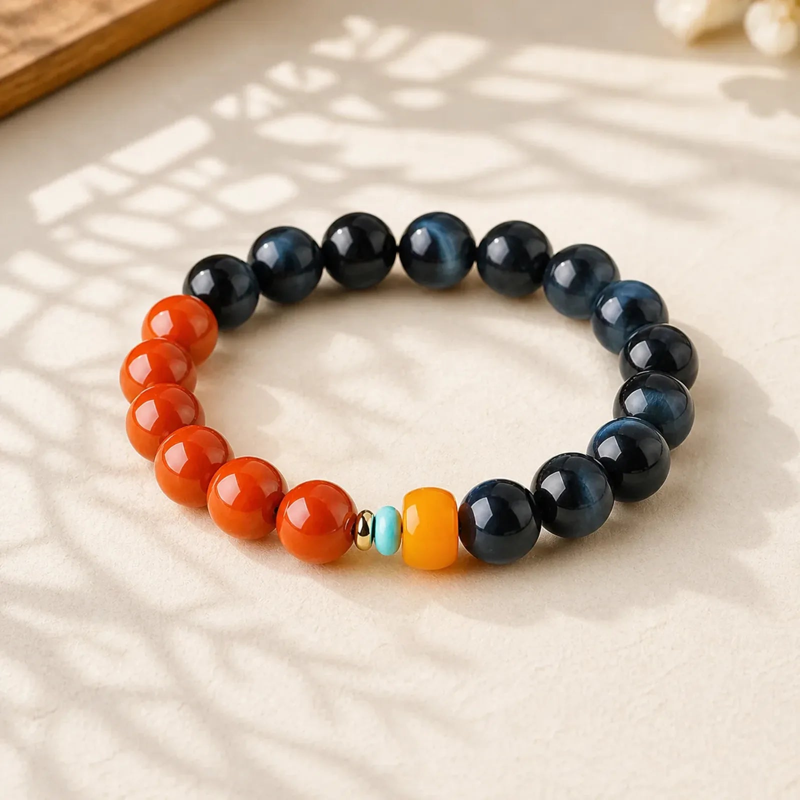 Blue Tiger Eye South Red Agate Power Round Bead Bracelet featuring Blue Tiger Eye, Tiger Eye, South Red Agate