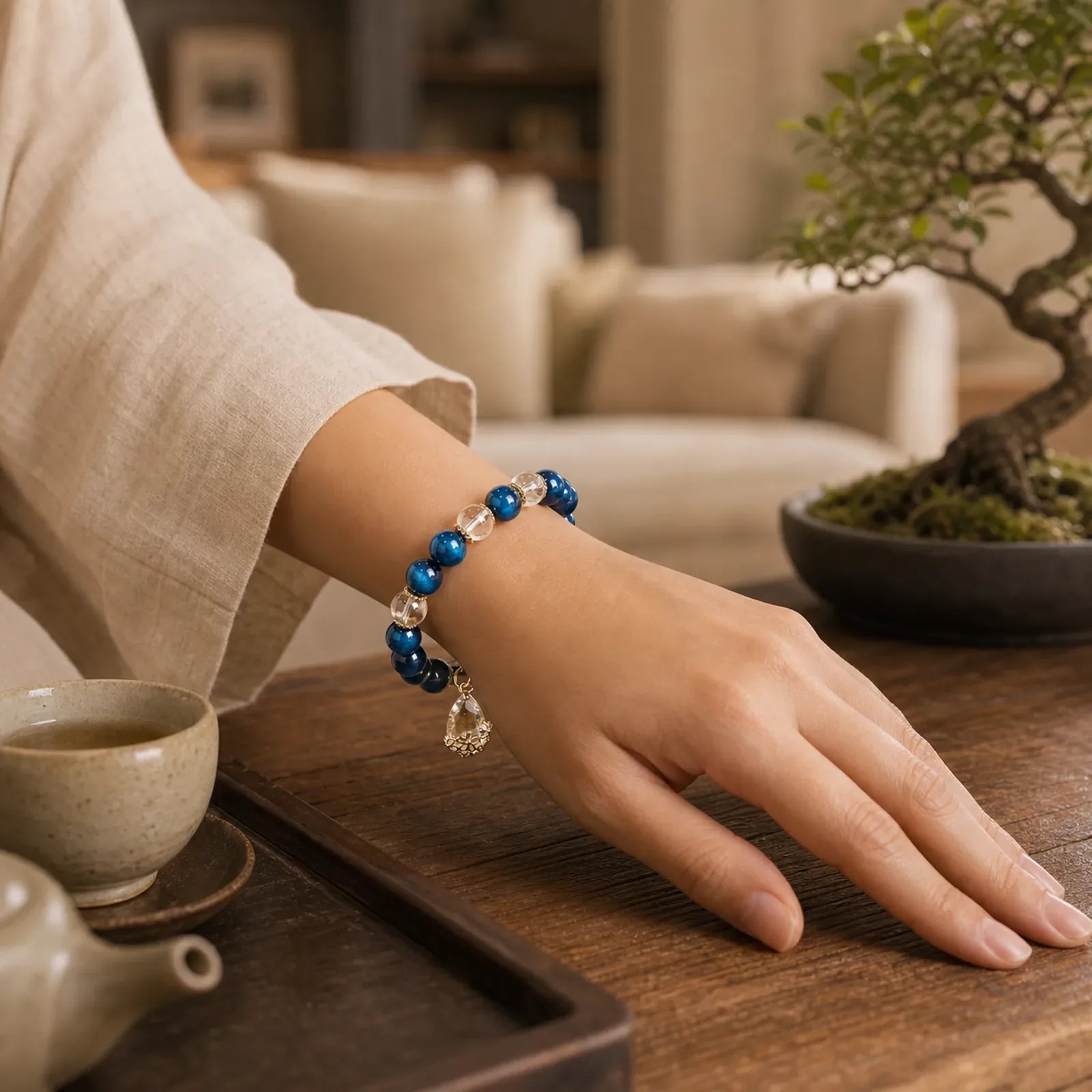 Blue Tiger Eye White Crystal Water Drop Strength Bracelet featuring Blue Tiger Eye, Tiger Eye, Clear Quartz / White Crystal