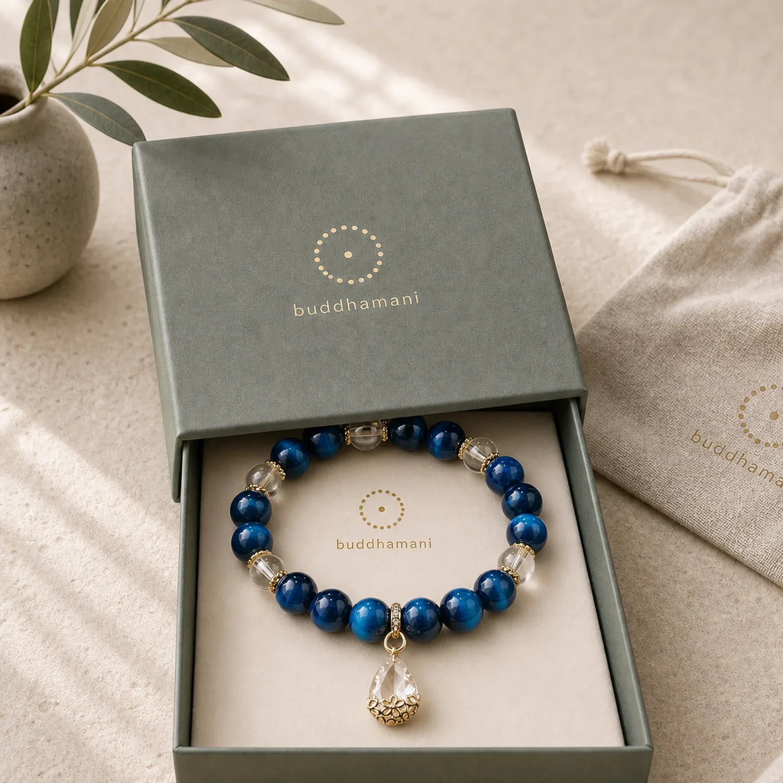 Blue Tiger Eye White Crystal Water Drop Strength Bracelet featuring Blue Tiger Eye, Tiger Eye, Clear Quartz / White Crystal