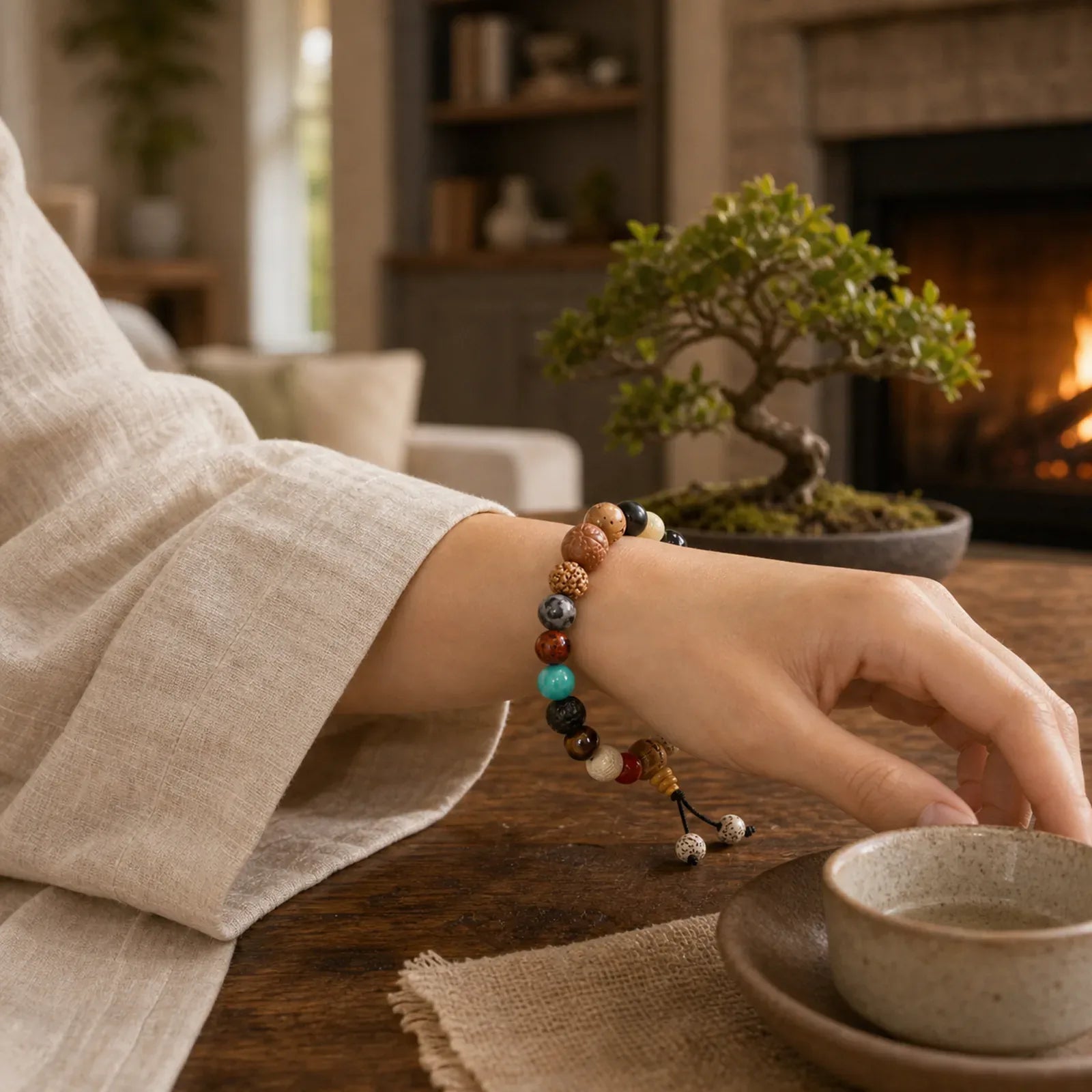Bodhi Seed Agate Wisdom Harmony Wrist Mala Bracelet featuring Bodhi Seed, Frosted Stone, Bamboo