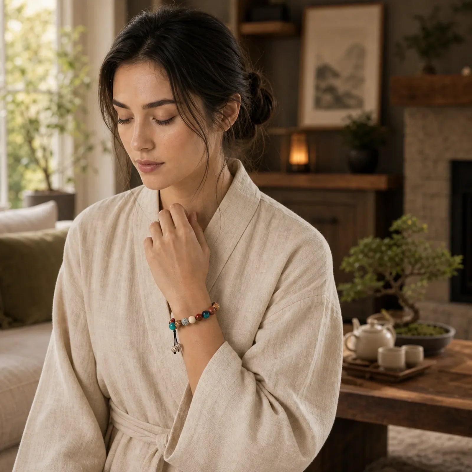 Bodhi Seed Agate Wisdom Harmony Wrist Mala Bracelet featuring Bodhi Seed, Frosted Stone, Bamboo