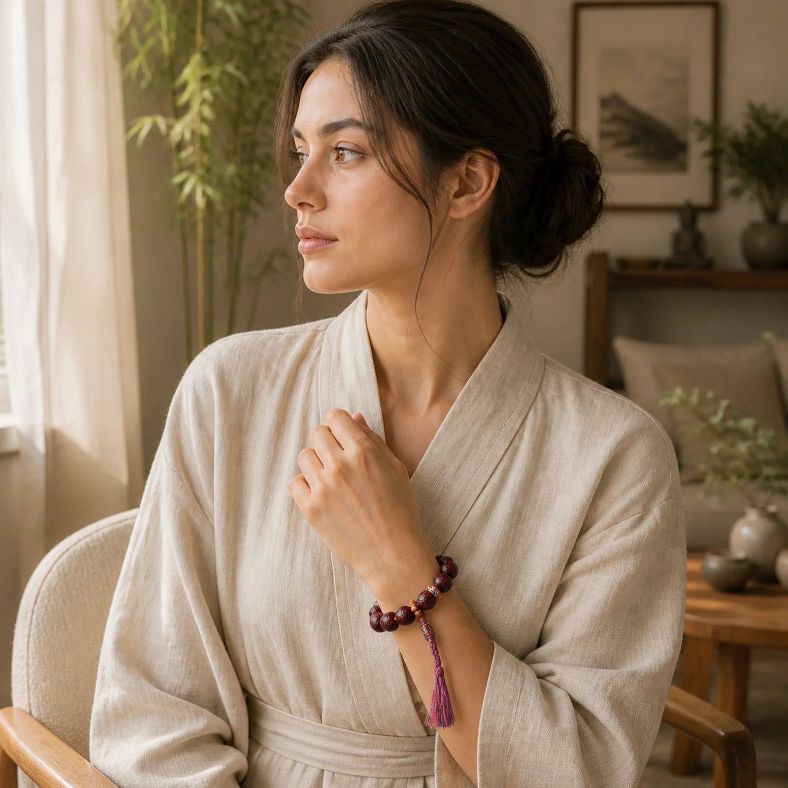 Bodhi Seed Bead Peace Calm Tassel Bracelet featuring Bodhi Seed