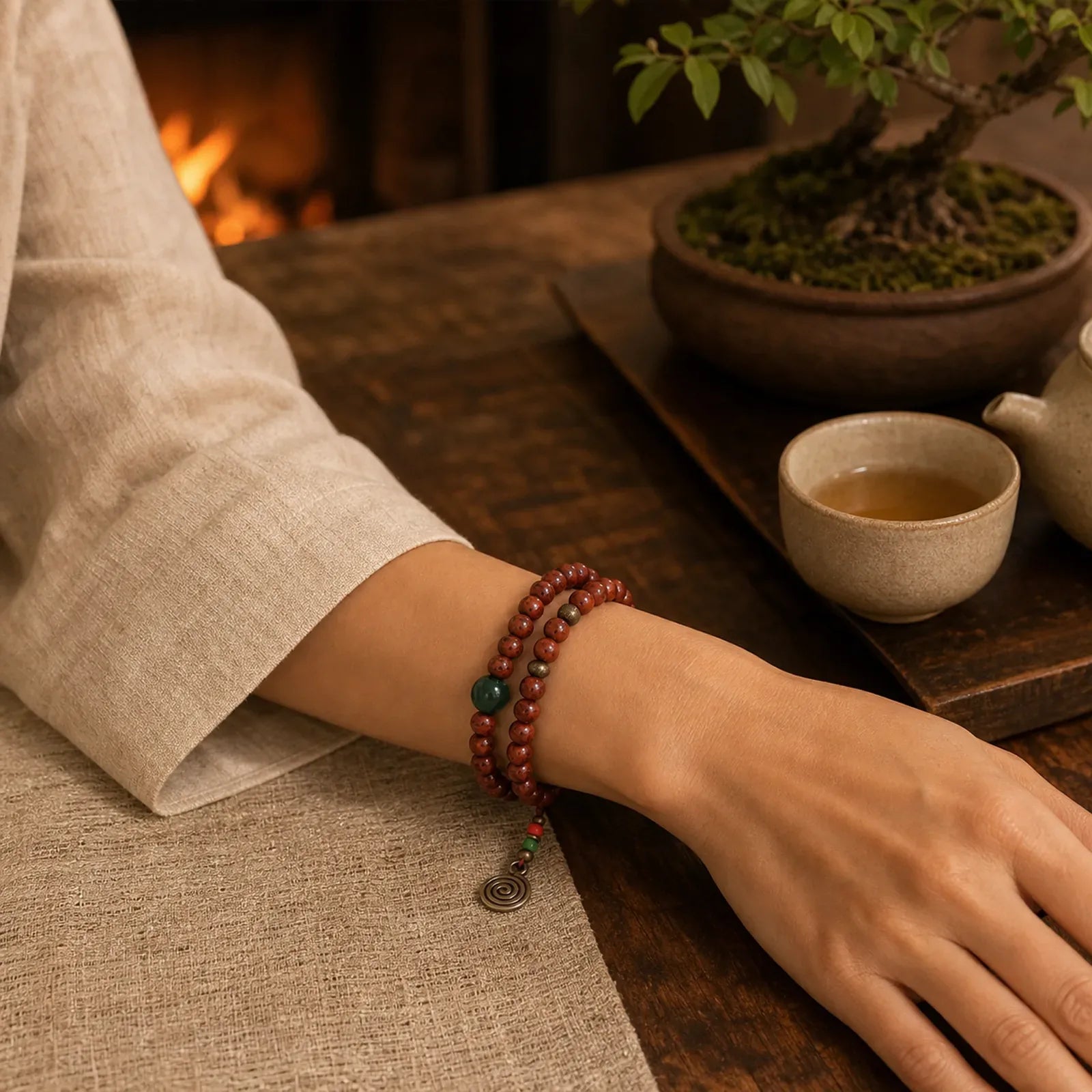 Bodhi Seed Cyan Jade Copper Peace Luck Bracelet featuring Bodhi Seed, Cyan Jade, Jade