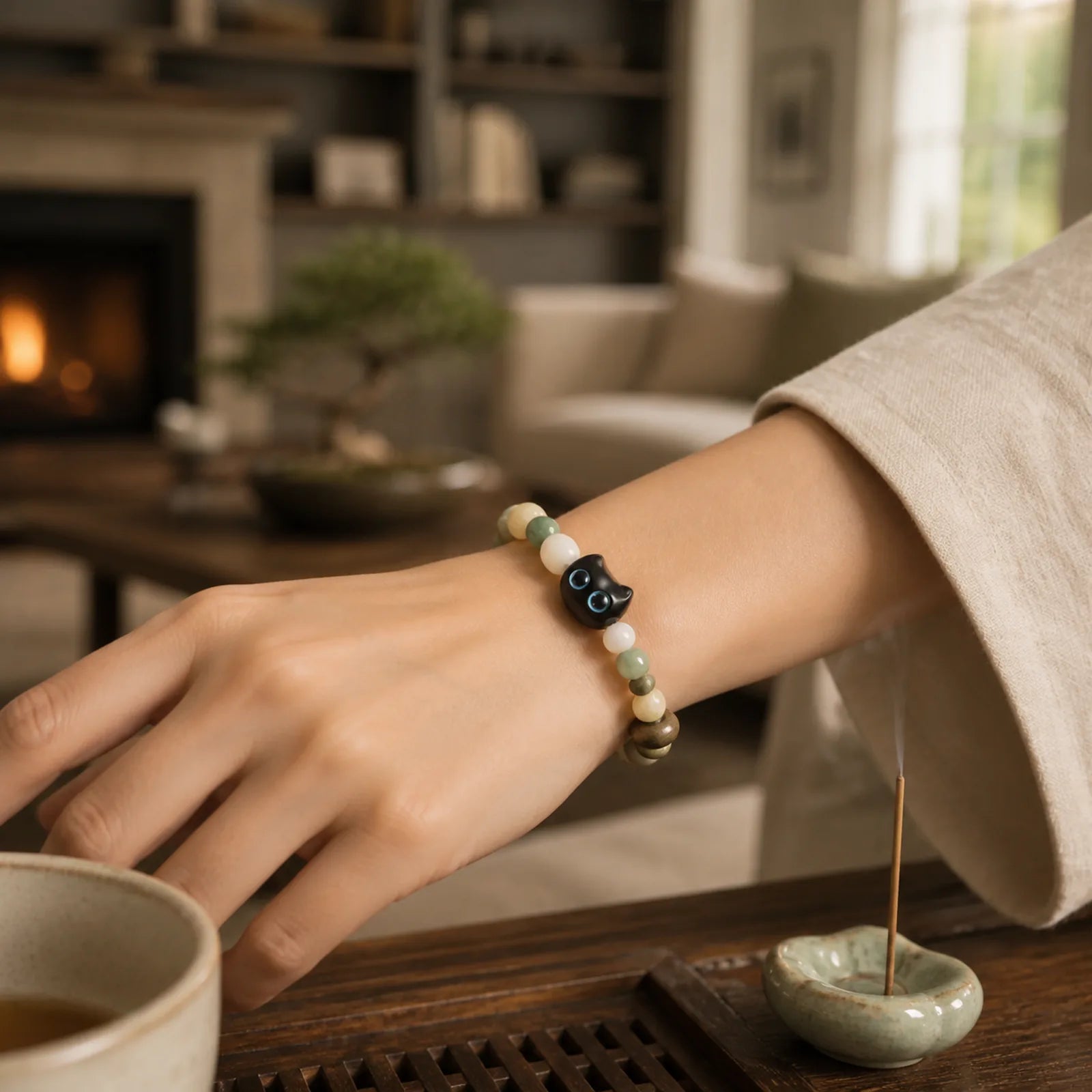 Bodhi Seed Green Sandalwood Ebony Wood Small Leaf Red Sandalwood Cat Head Paw Claw Peace Bracelet featuring Bodhi Seed, Green Sandalwood, Sandalwood