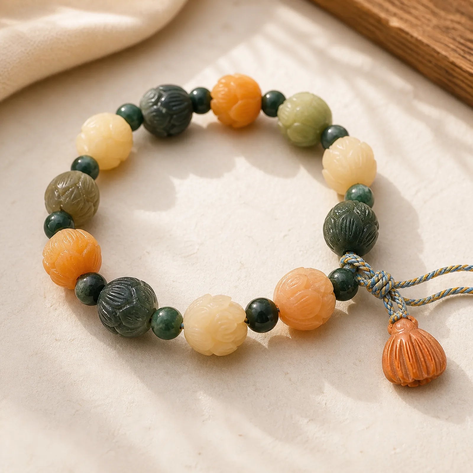Bodhi Seed Lotus Bead Engraved Moss Agate Peace Calm Bracelet featuring Bodhi Seed, Lotus, Moss Agate