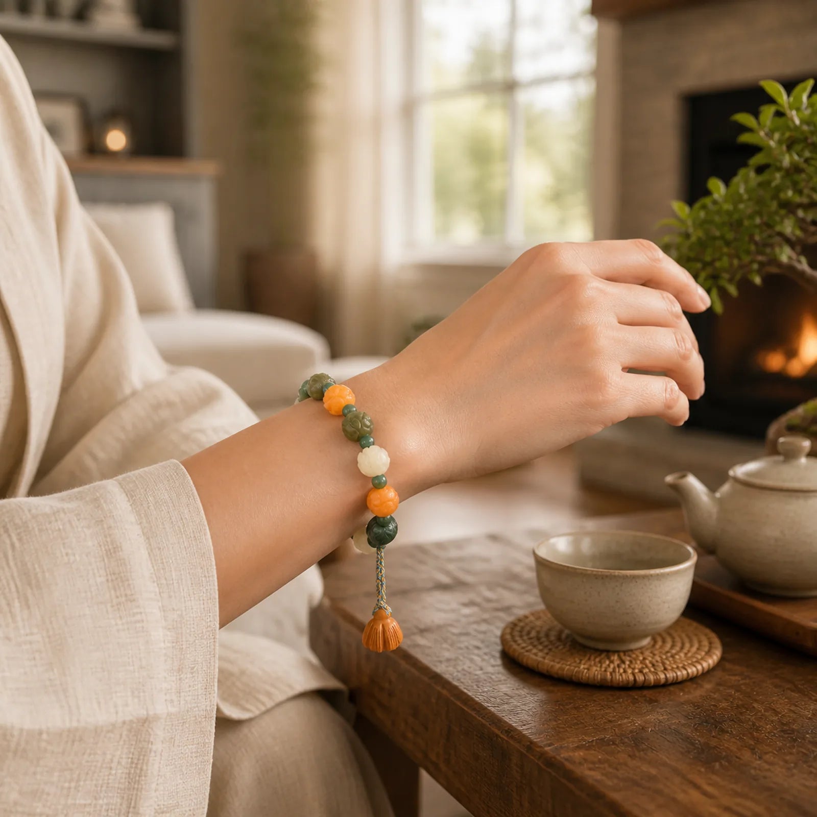 Bodhi Seed Lotus Bead Engraved Moss Agate Peace Calm Bracelet featuring Bodhi Seed, Lotus, Moss Agate