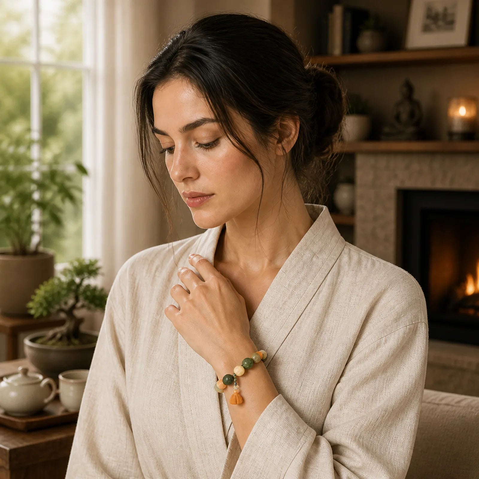 Bodhi Seed Lotus Bead Engraved Moss Agate Peace Calm Bracelet featuring Bodhi Seed, Lotus, Moss Agate