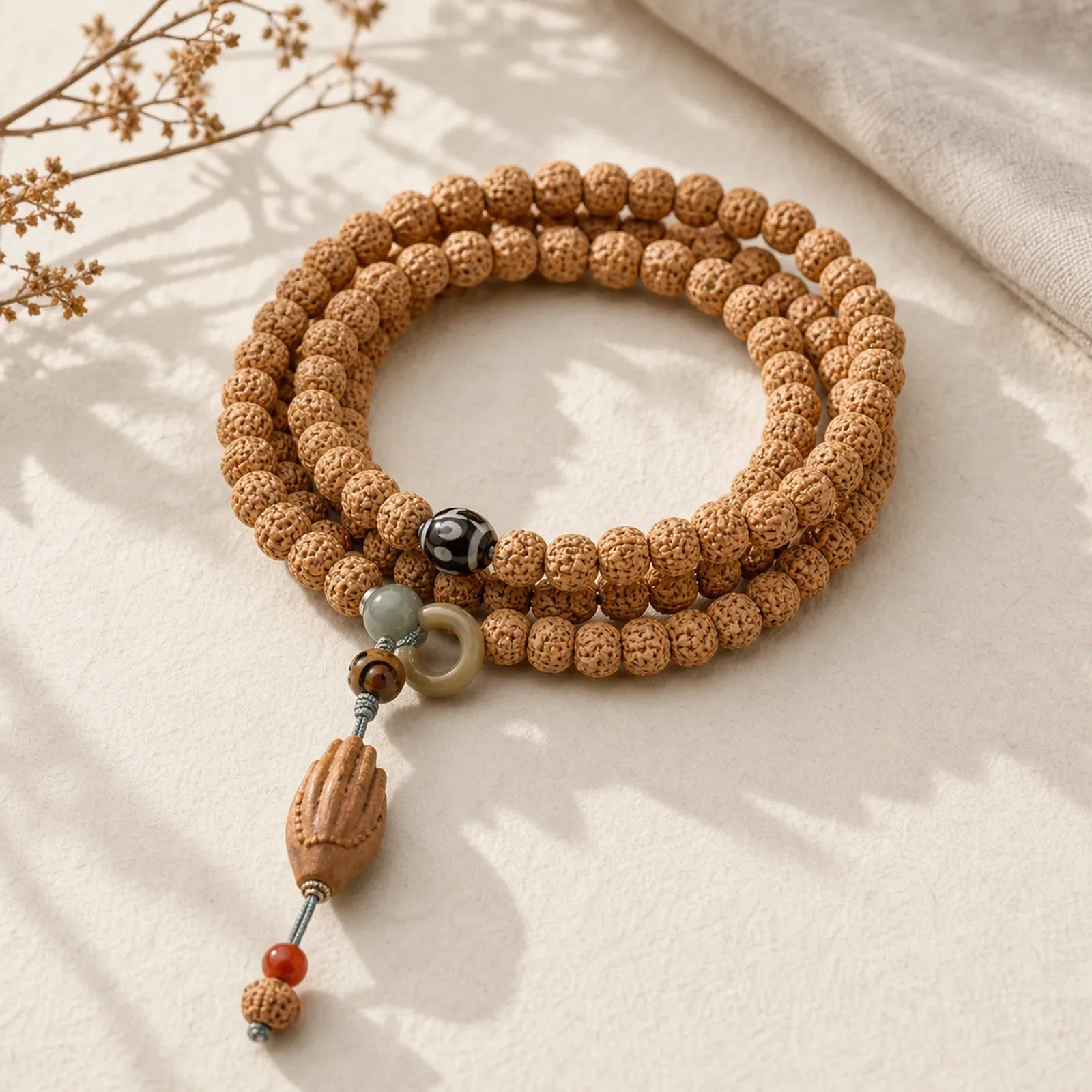 Bodhi Seed Three-eyed Dzi Bead Buddha Hand Charm Wealth Bracelet featuring Bodhi Seed, Three-eyed Dzi Bead, Dzi Bead