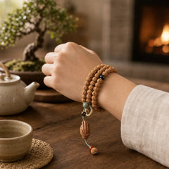 Bodhi Seed Three-eyed Dzi Bead Buddha Hand Charm Wealth Bracelet featuring Bodhi Seed, Three-eyed Dzi Bead, Dzi Bead