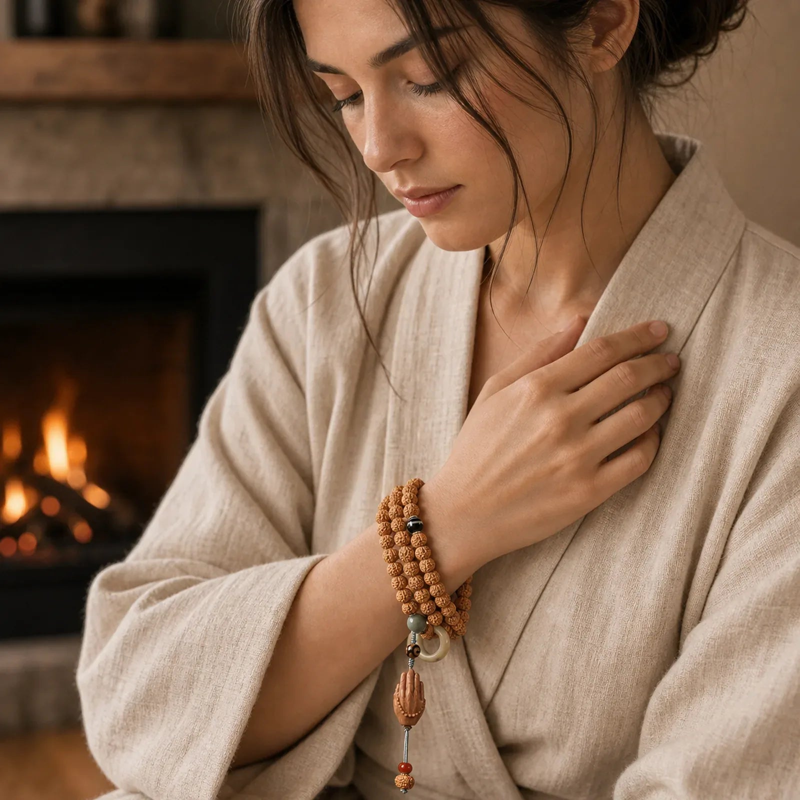 Bodhi Seed Three-eyed Dzi Bead Buddha Hand Charm Wealth Bracelet featuring Bodhi Seed, Three-eyed Dzi Bead, Dzi Bead