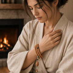 Bodhi Seed Three-eyed Dzi Bead Buddha Hand Charm Wealth Bracelet featuring Bodhi Seed, Three-eyed Dzi Bead, Dzi Bead