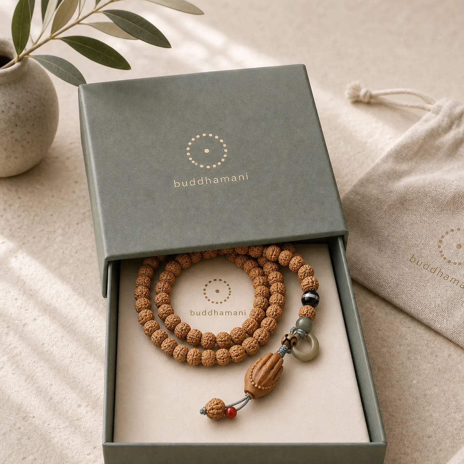Bodhi Seed Three-eyed Dzi Bead Buddha Hand Charm Wealth Bracelet featuring Bodhi Seed, Three-eyed Dzi Bead, Dzi Bead