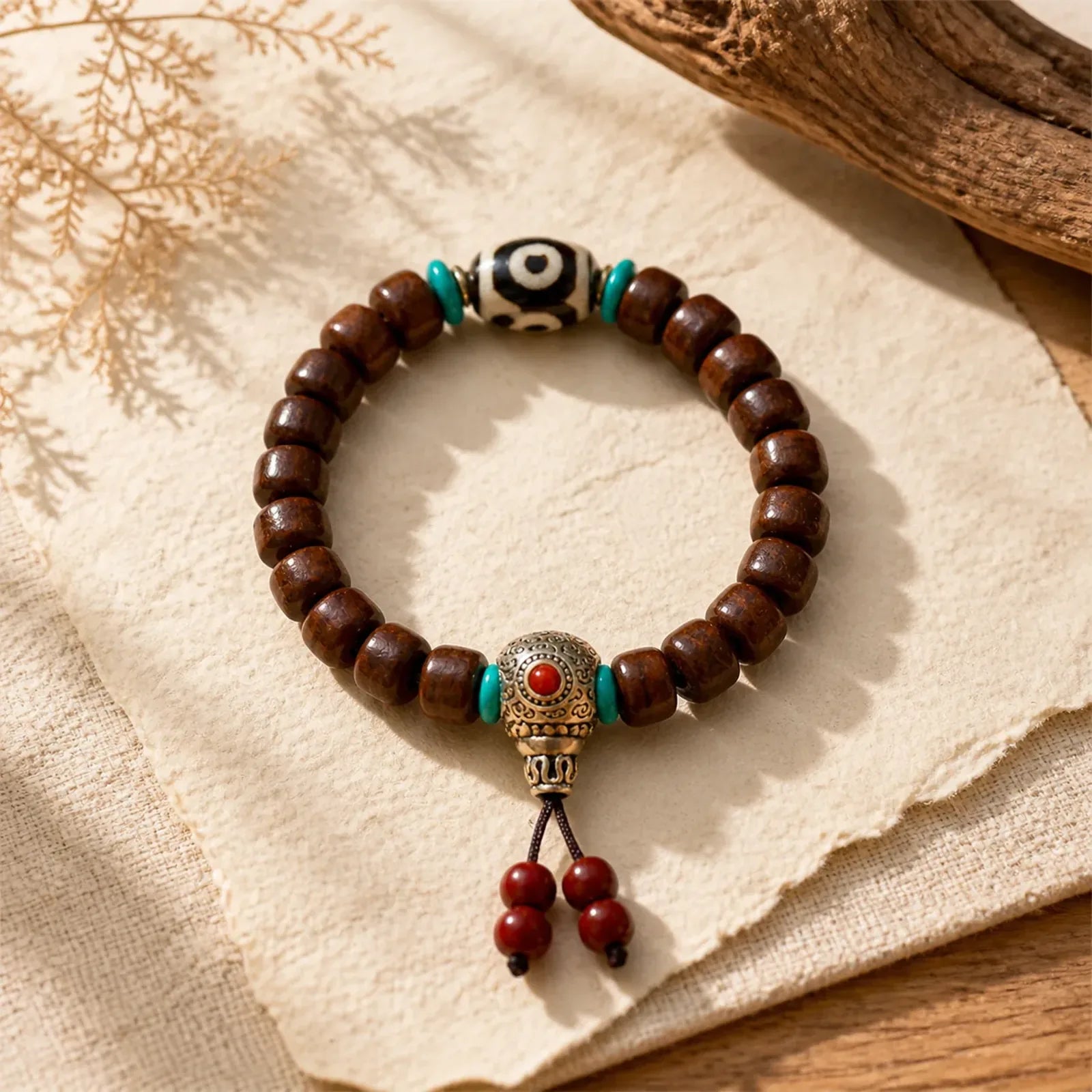 Bone Beads Vajra Three-eyed Dzi Bead Luck Bracelet featuring Vajra, Three-eyed Dzi Bead, Dzi Bead