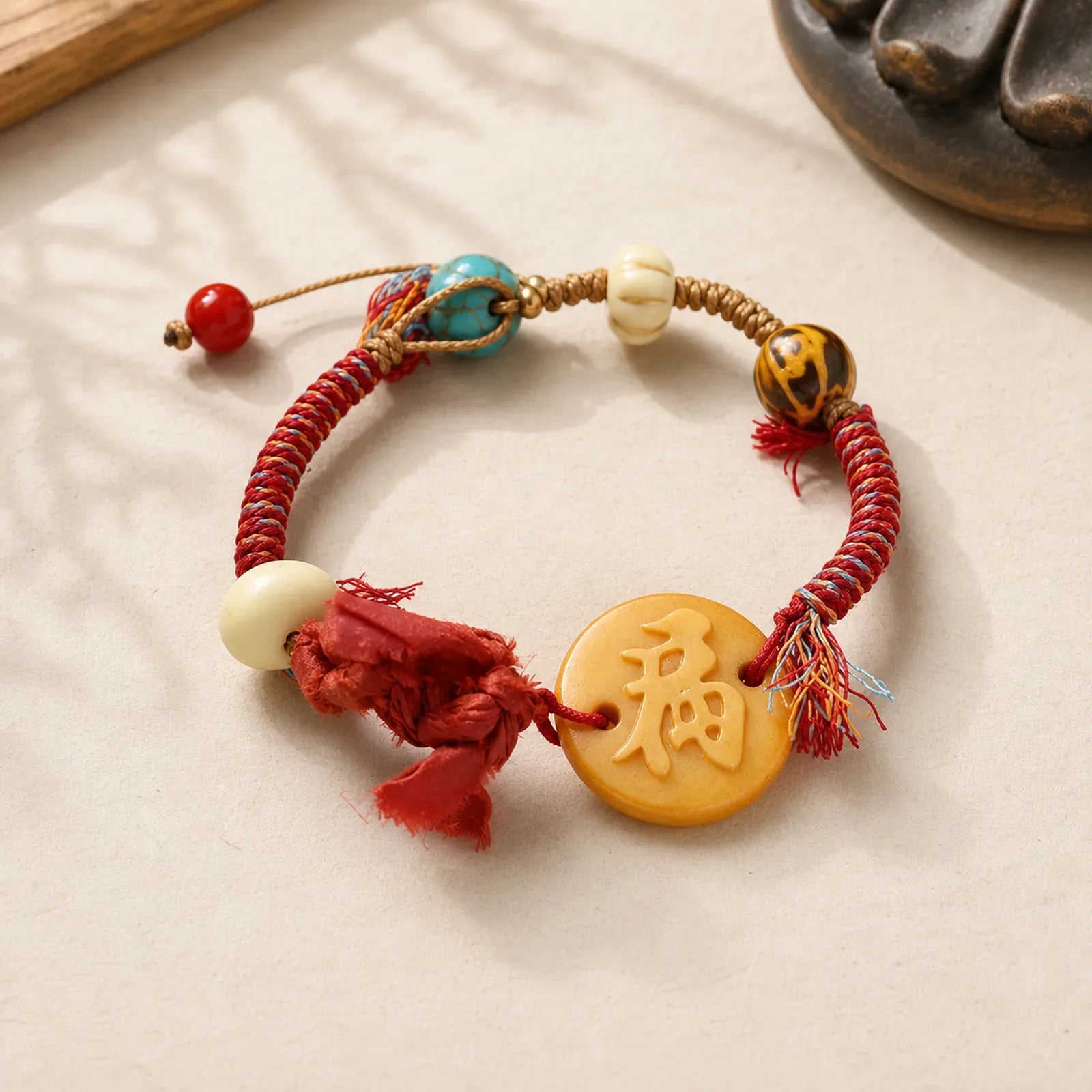 Bone Fu Character Braided Rope Peace Bracelet featuring Fu Character, Red String