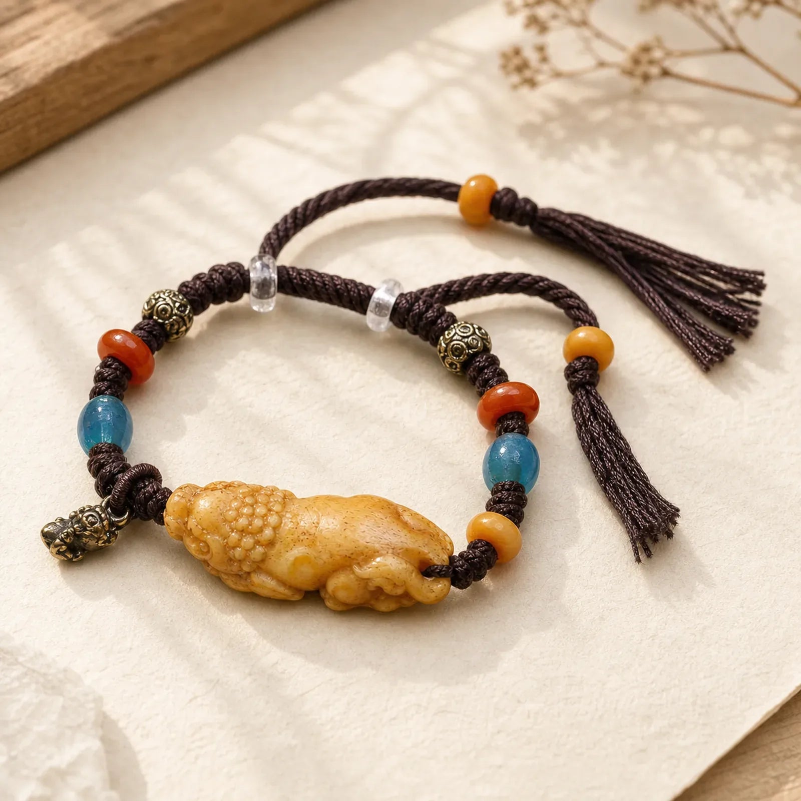 Bone PiXiu Braided Rope Luck Bracelet featuring Pixiu, Copper