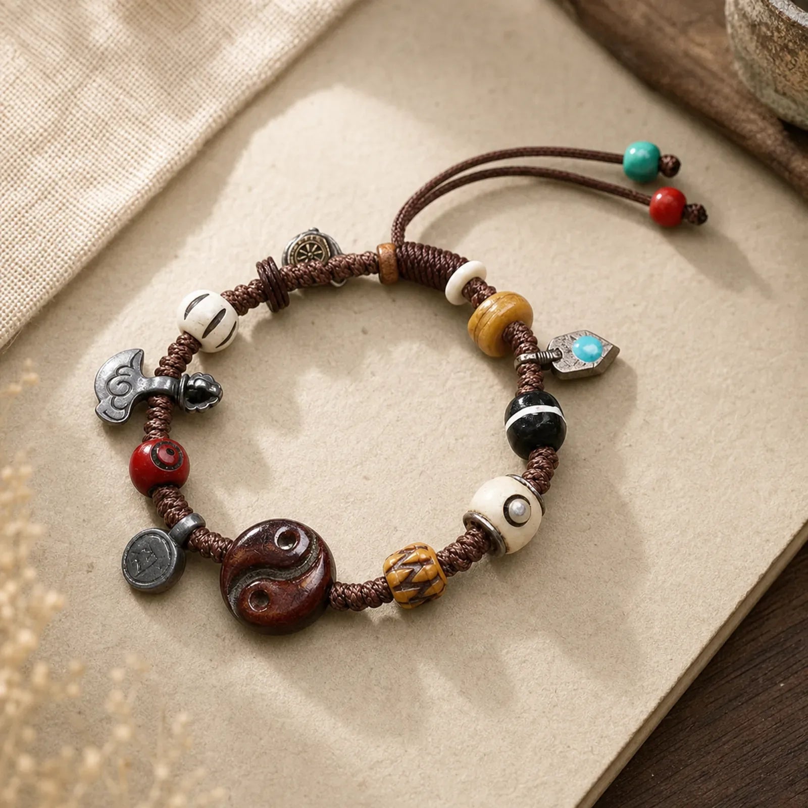 Bone Yin Yang Braided Rope Balance Bracelet featuring Yin Yang Symbol, Copper