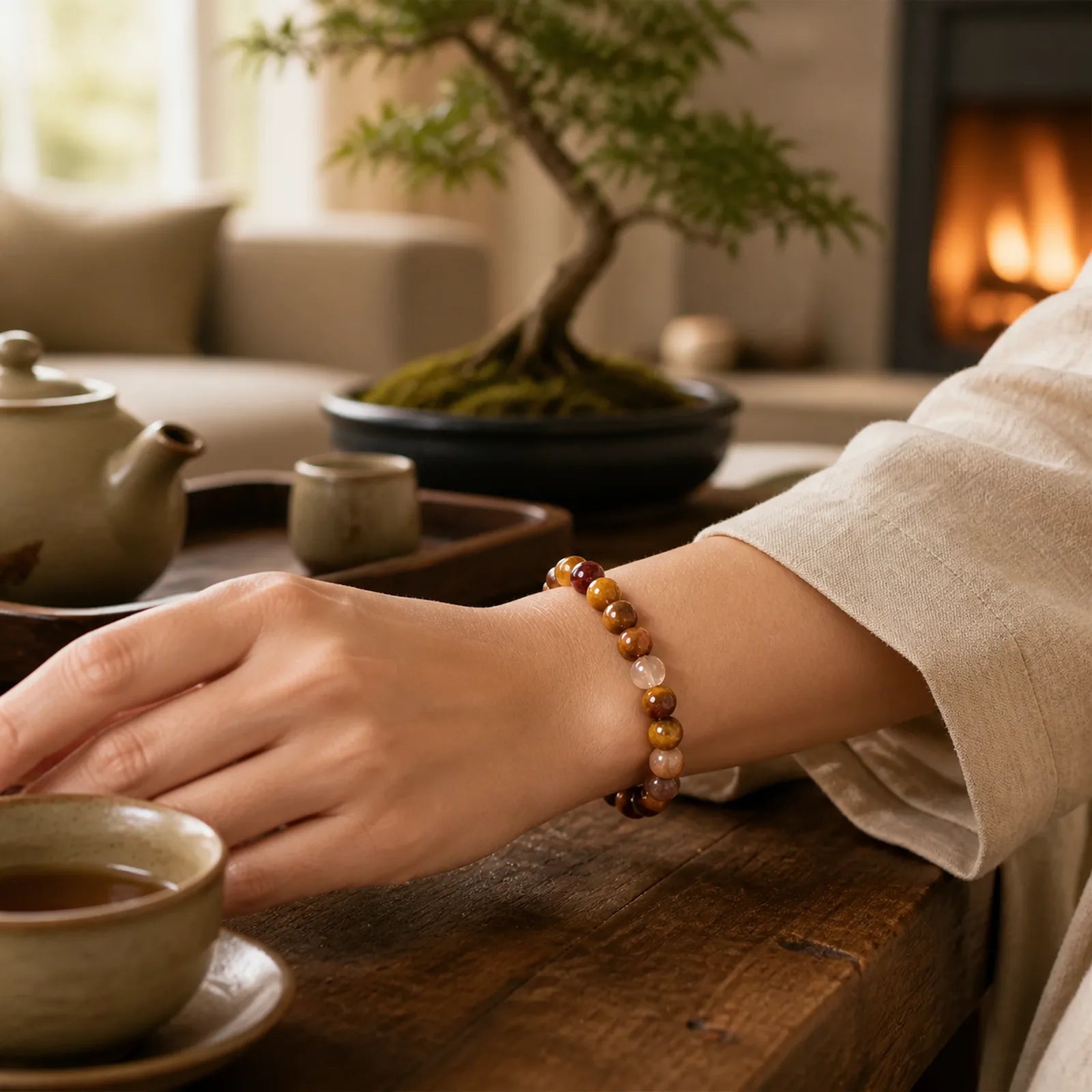 Boost Vitality Warm Color Series Positive Courage Bracelet featuring Tiger Eye, Citrine, Fossil Coral