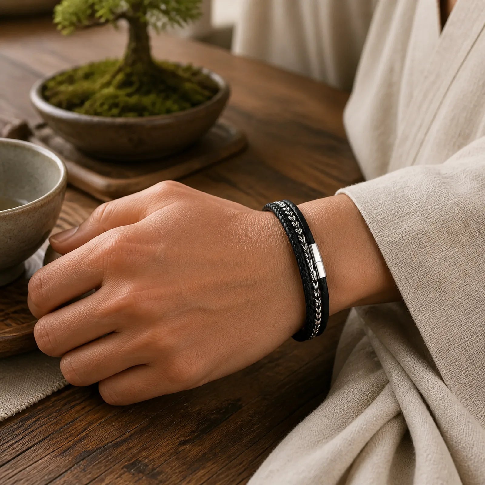 Braided Design Titanium Steel Calm Multi-layer Leather Buckle Bracelet featuring Titanium Steel