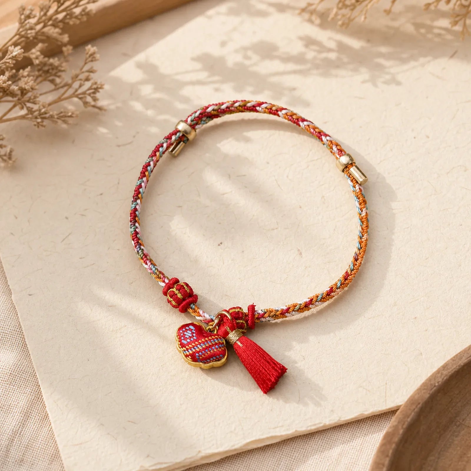 Braided Five Color Cord Song Brocade Ruyi Scepter Tassel Luck Bracelet featuring Red String, Copper