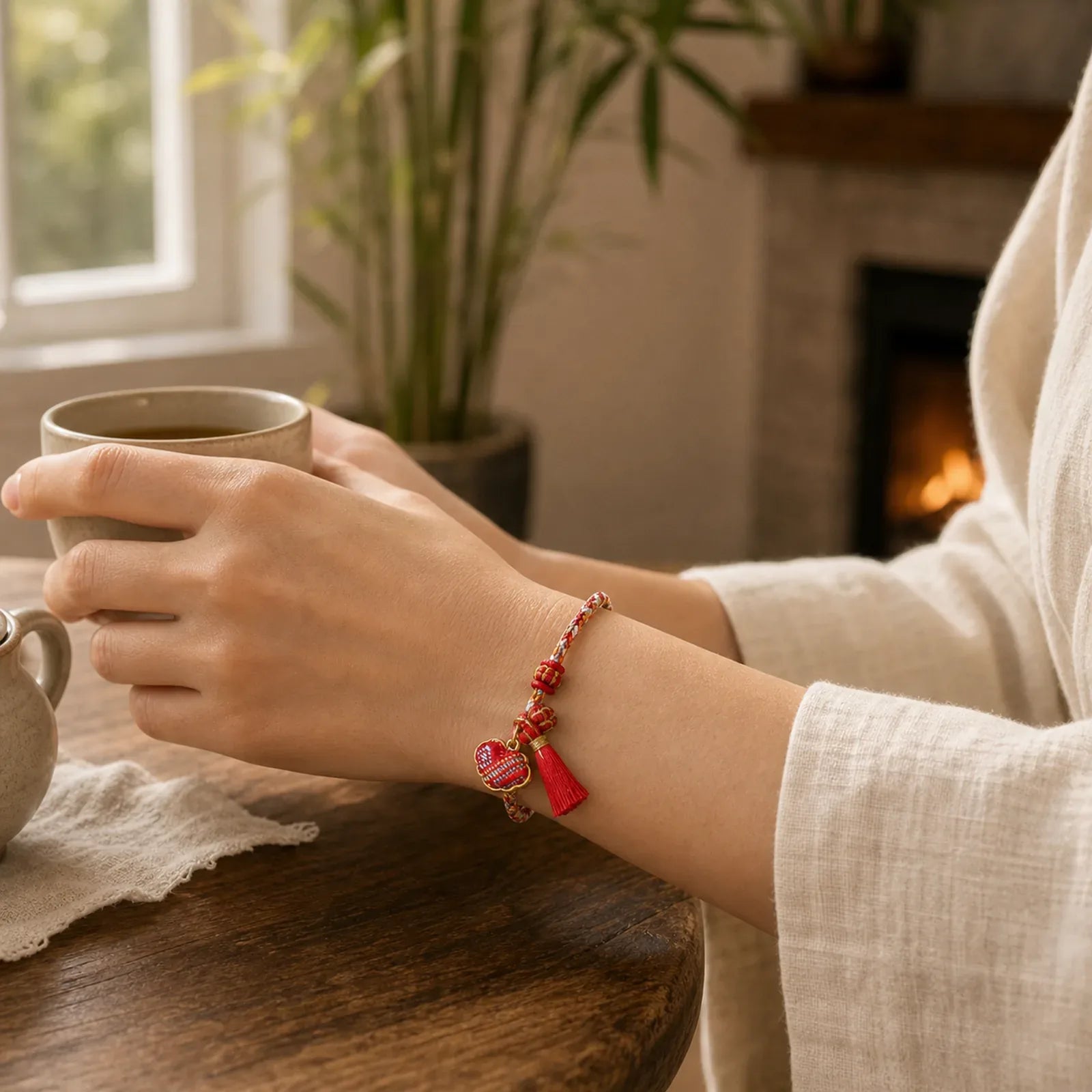 Braided Five Color Cord Song Brocade Ruyi Scepter Tassel Luck Bracelet featuring Red String, Copper